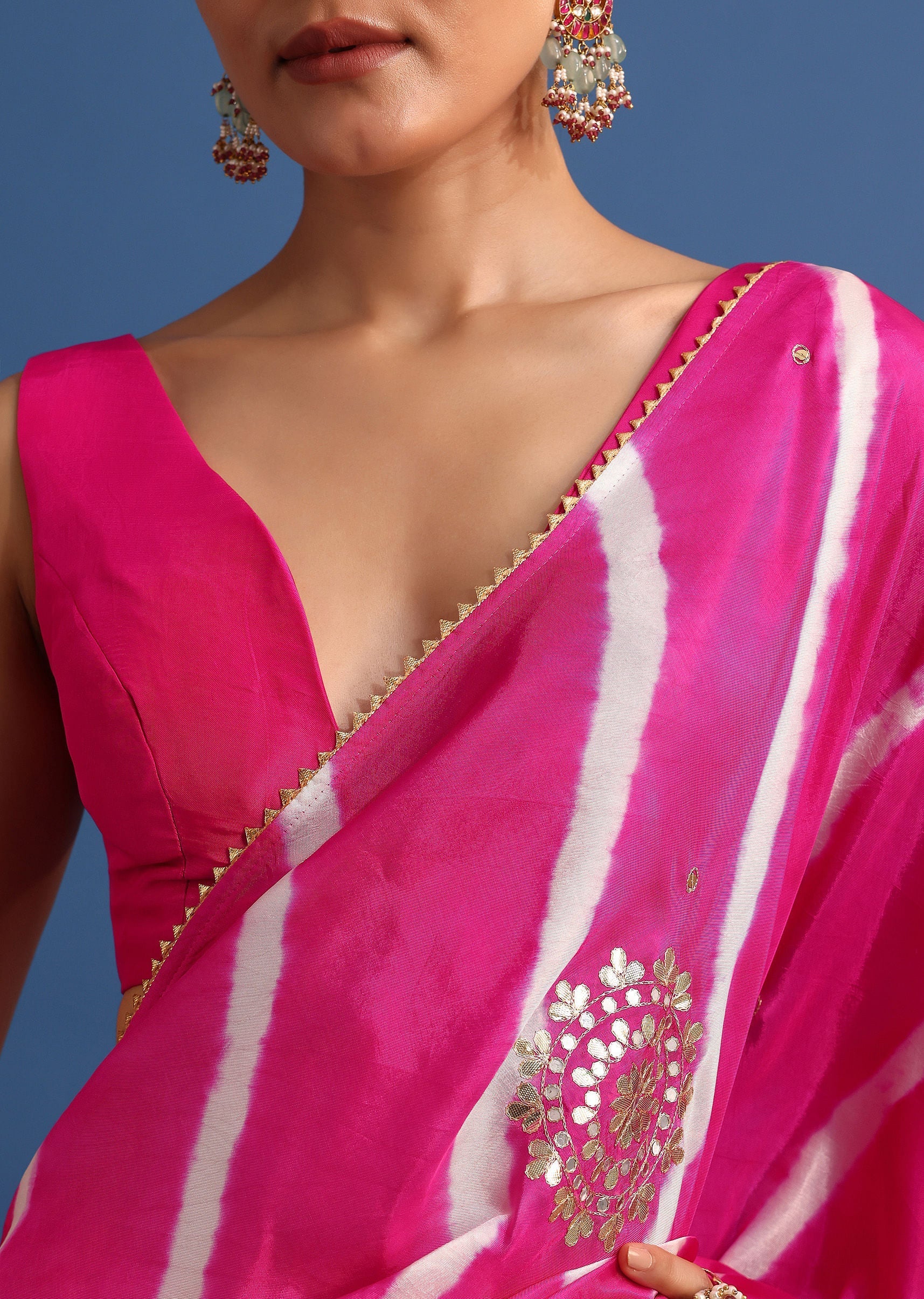 Rani Pink Hand Dyed Lehriya Silk Saree With Gota Patti Work