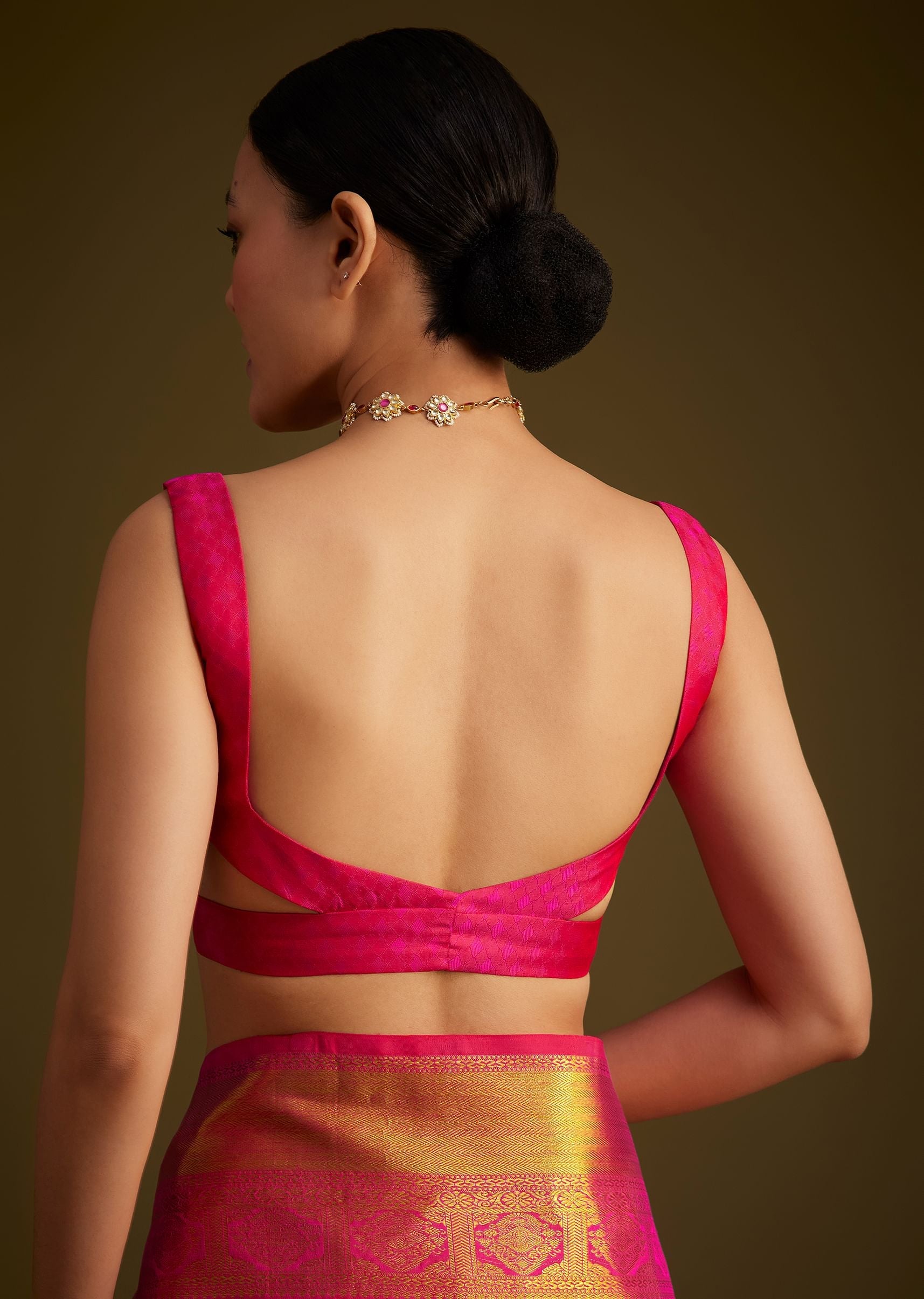 Rani Pink Kanjivaram Silk Saree With Golden Zari Border
