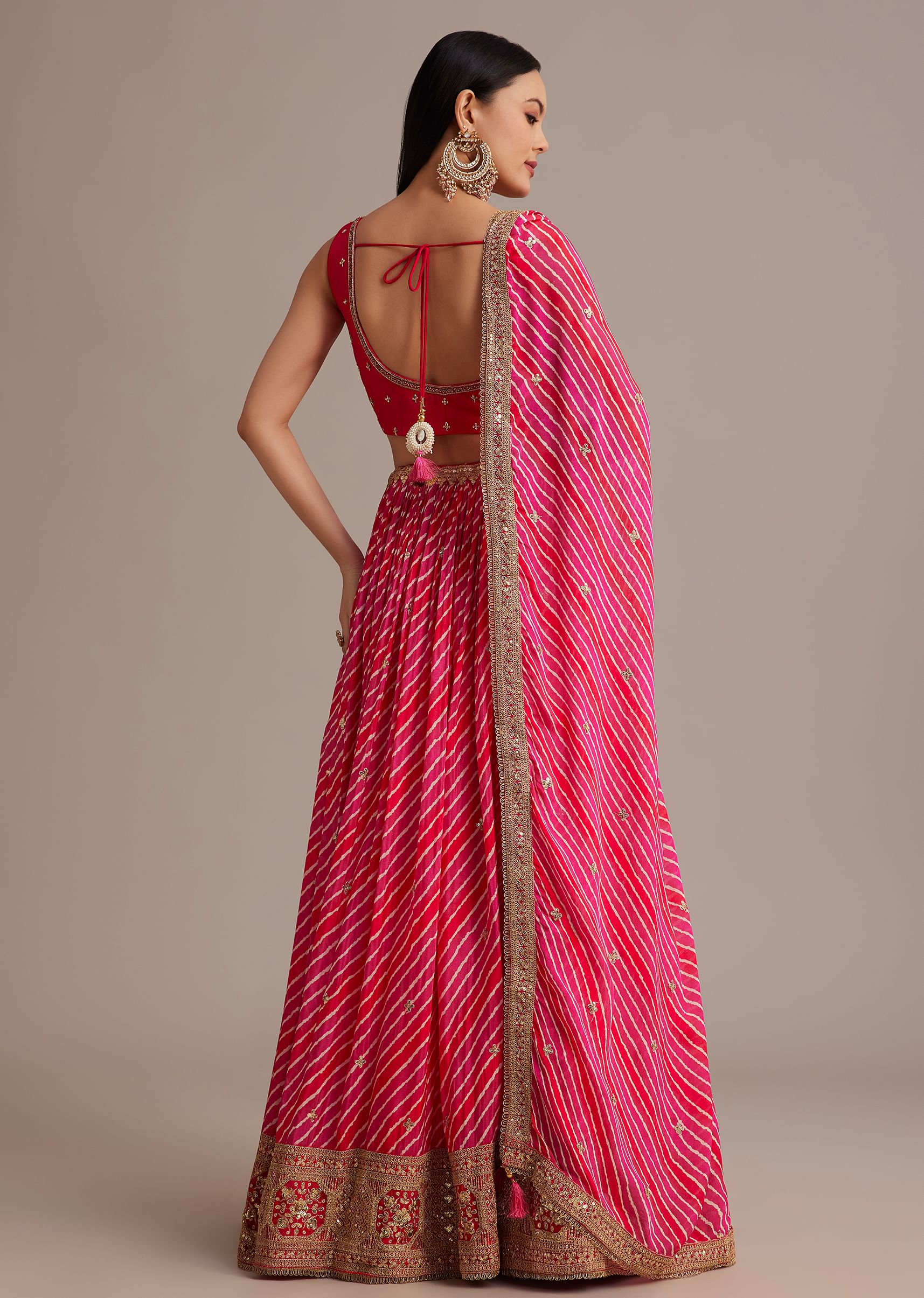 Rani Pink Leheriya Lehenga Set With Zardosi And Sequins Work