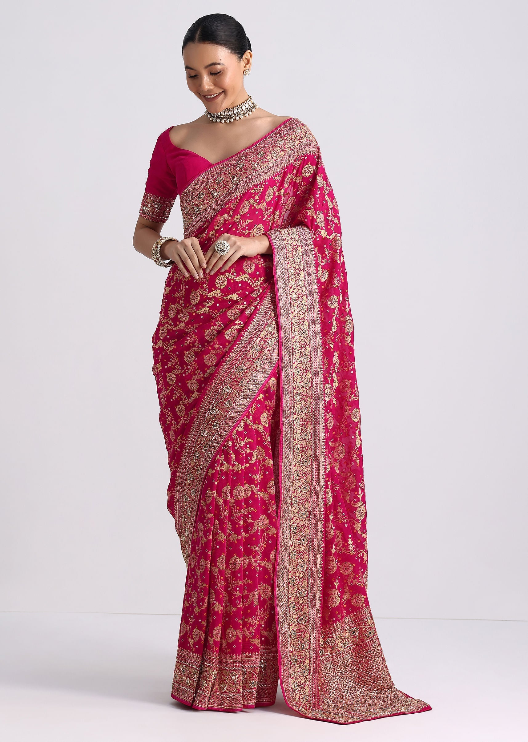 Rani Pink Saree With Bandhani Jaal And Cutdana Work
