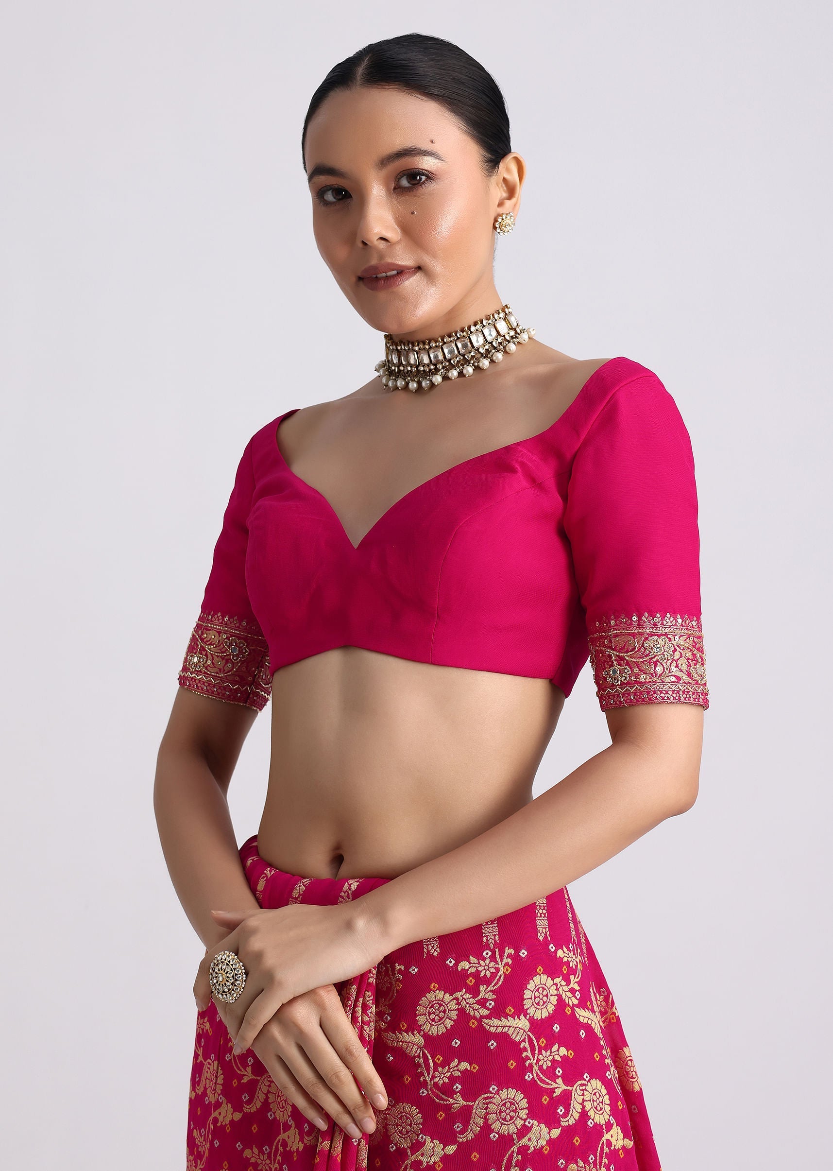 Rani Pink Saree With Bandhani Jaal And Cutdana Work