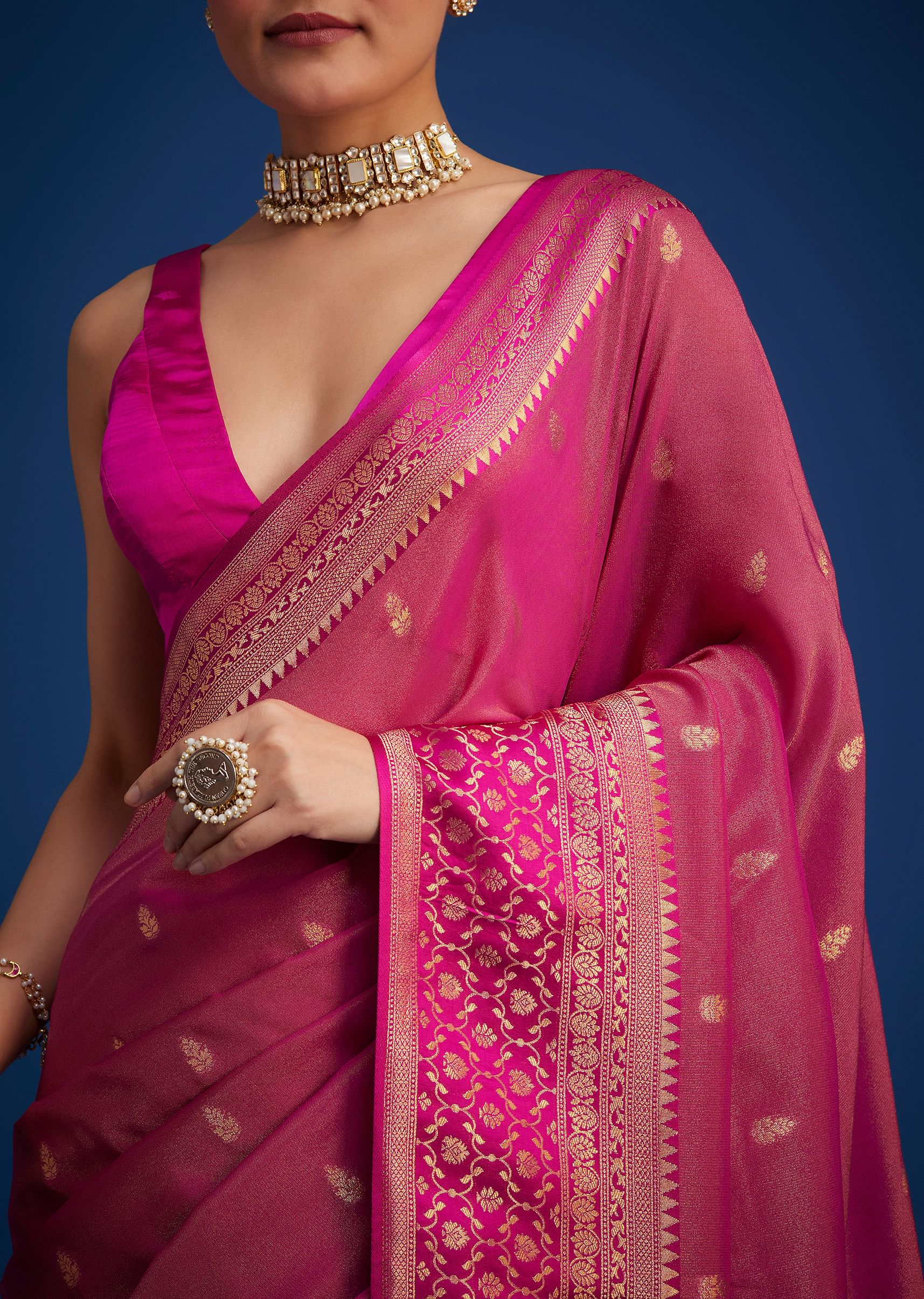 Rani Pink Tissue Silk Saree With Butti Work