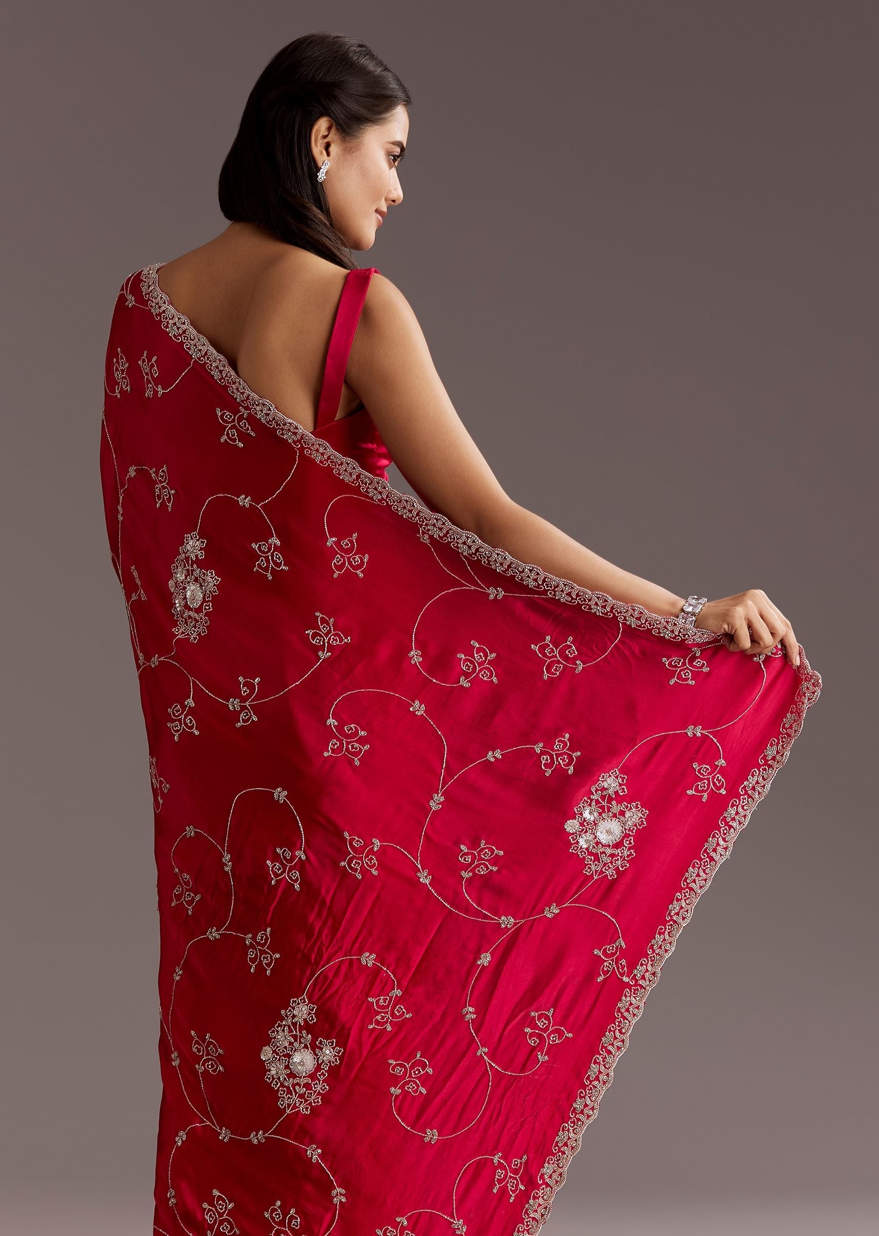 Red Chinon Saree With Floral Cutdana Sequins Jaal And Scallop Border