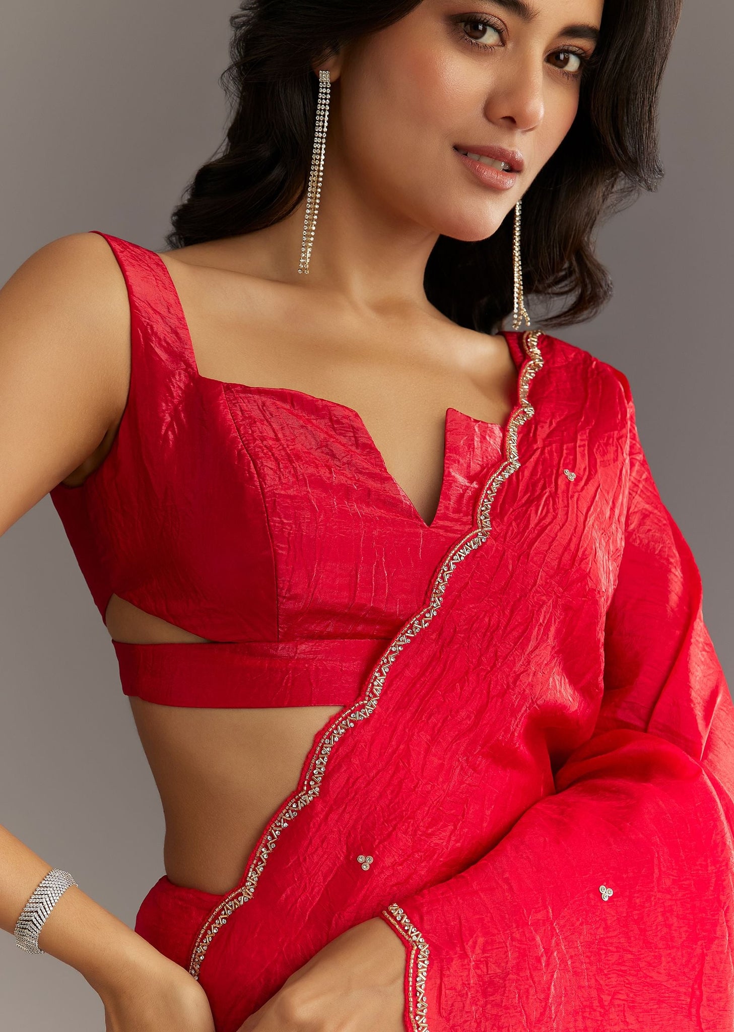 Red Crushed Tissue Embroidered Saree With Cutdana And Sequin Work