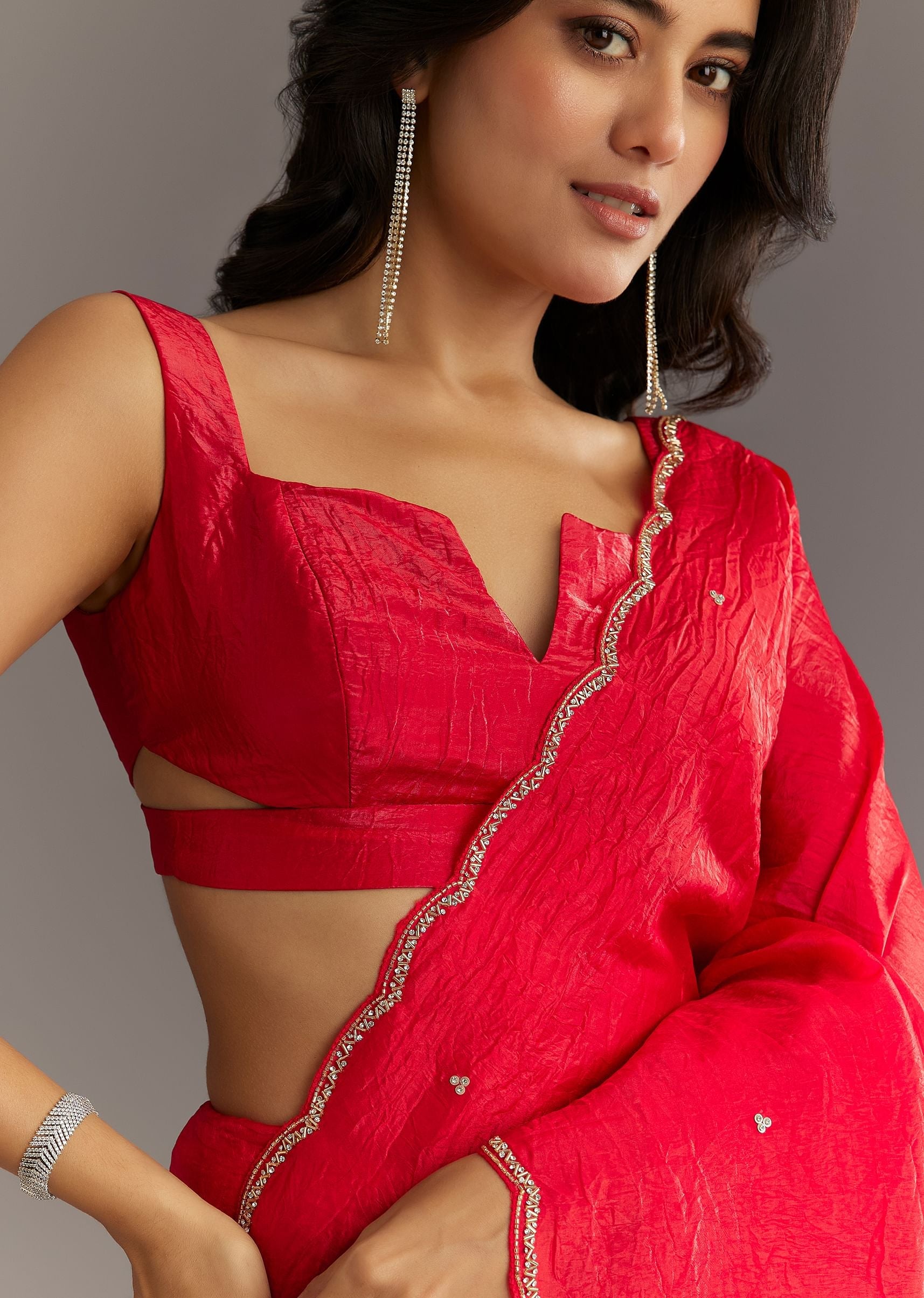 Red Crushed Tissue Embroidered Saree With Cutdana And Sequin Work