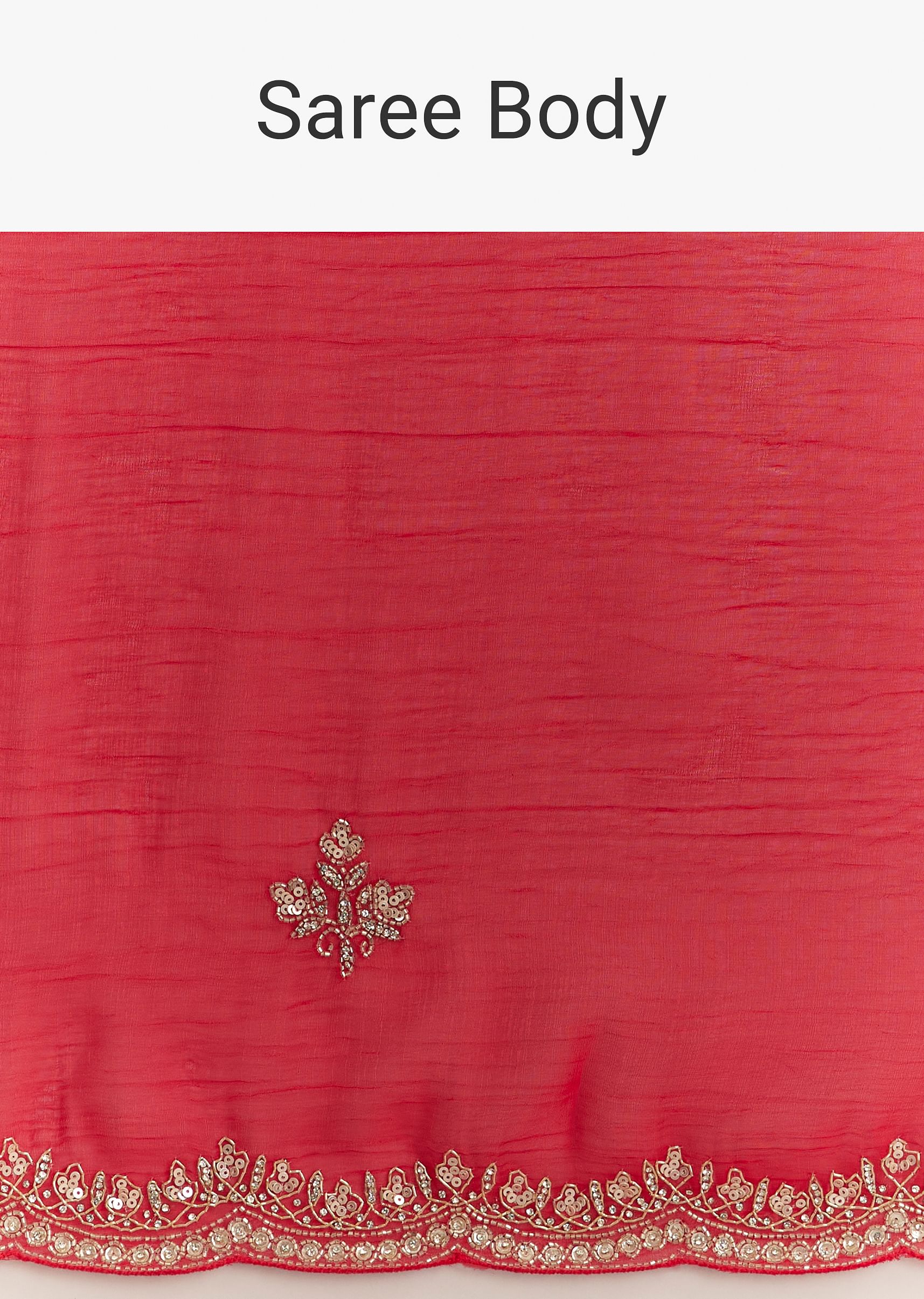 Red Crushed Tissue Embroidered Saree With Scallop Border