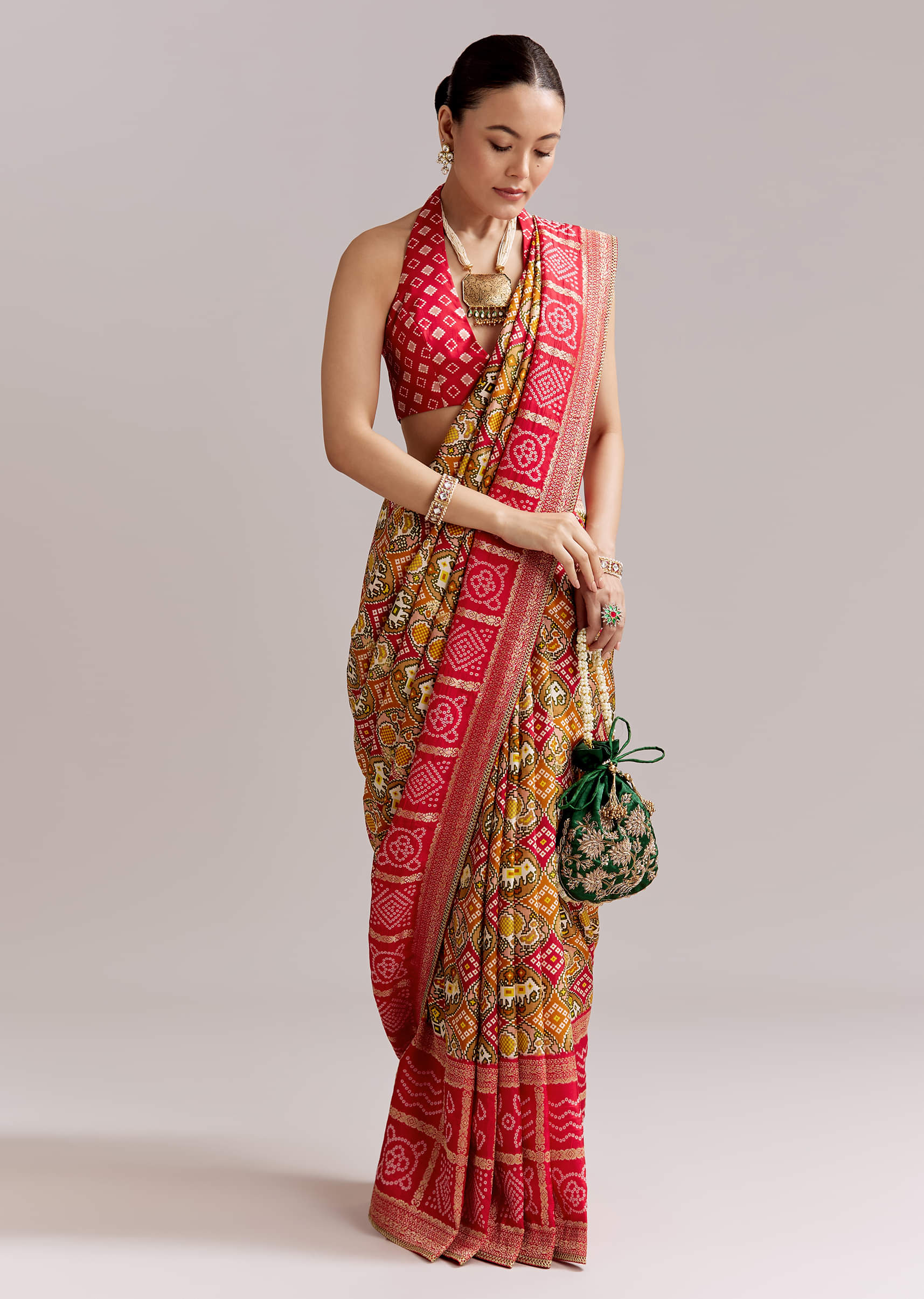 Red Dola Silk Woven Bandhani Saree With Gotapatti Detailing