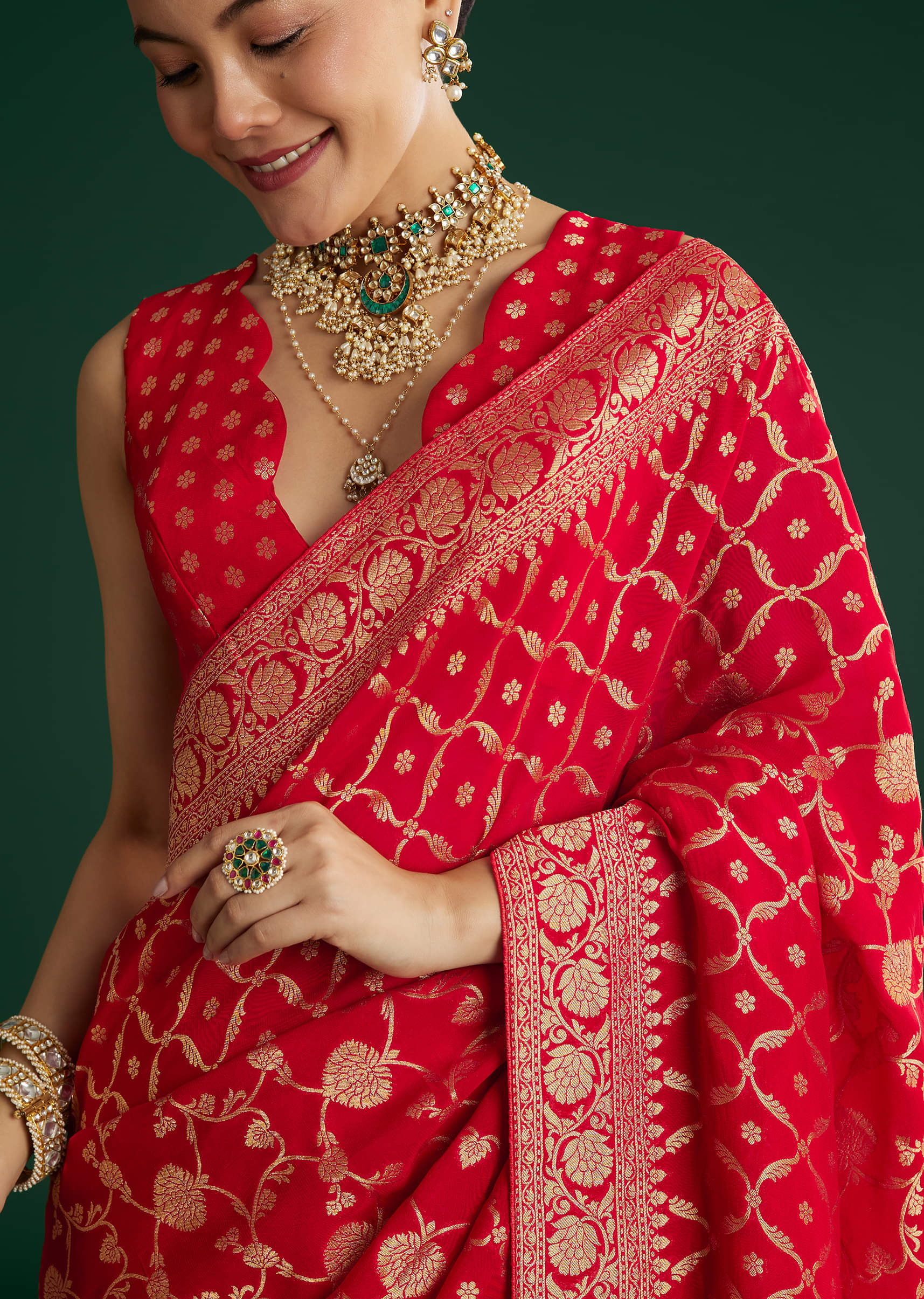 Red Jaal Work Saree With Floral Border And Pallu