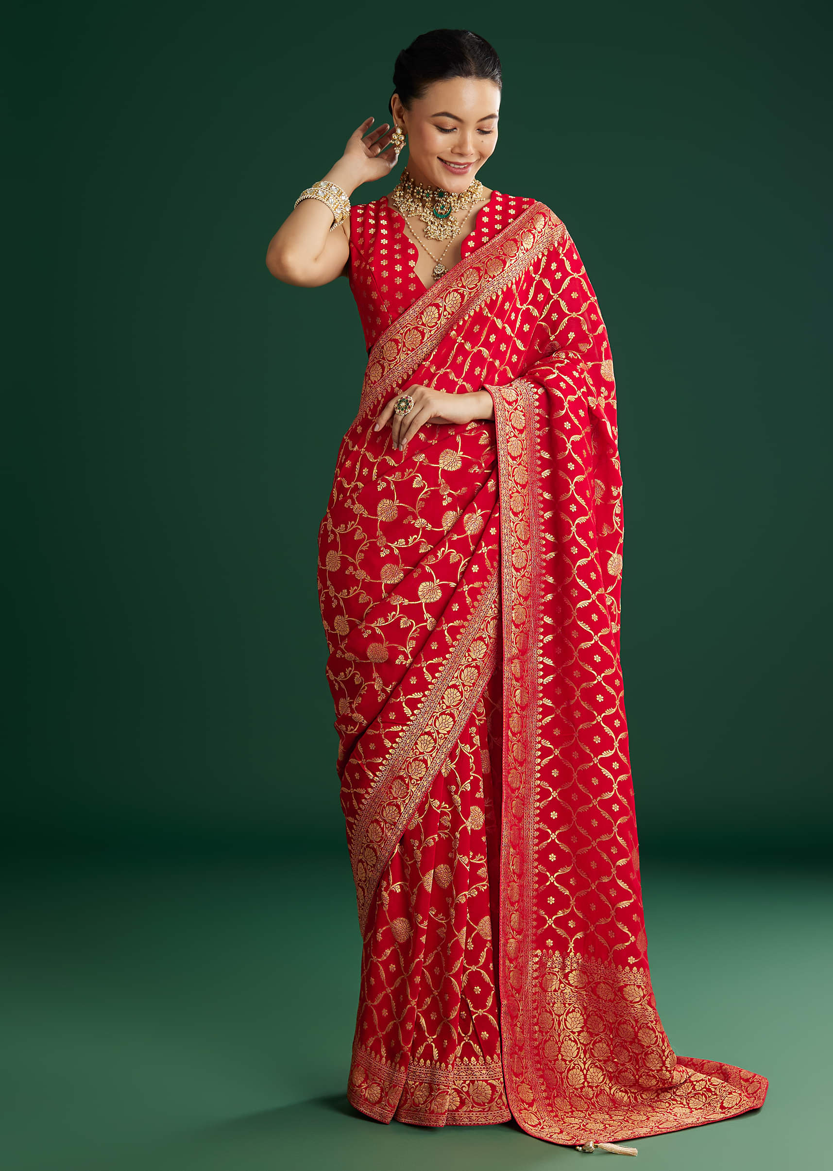 Red Jaal Work Saree With Floral Border And Pallu