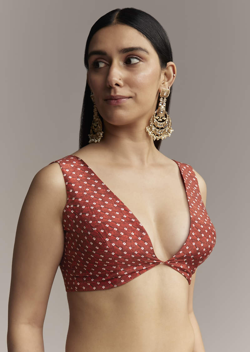 Red Ombre Satin Saree With Geometric Print And Gota Border