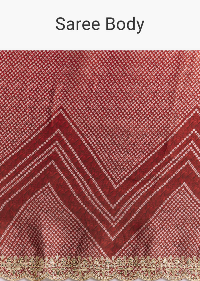 Red Ombre Satin Saree With Geometric Print And Gota Border