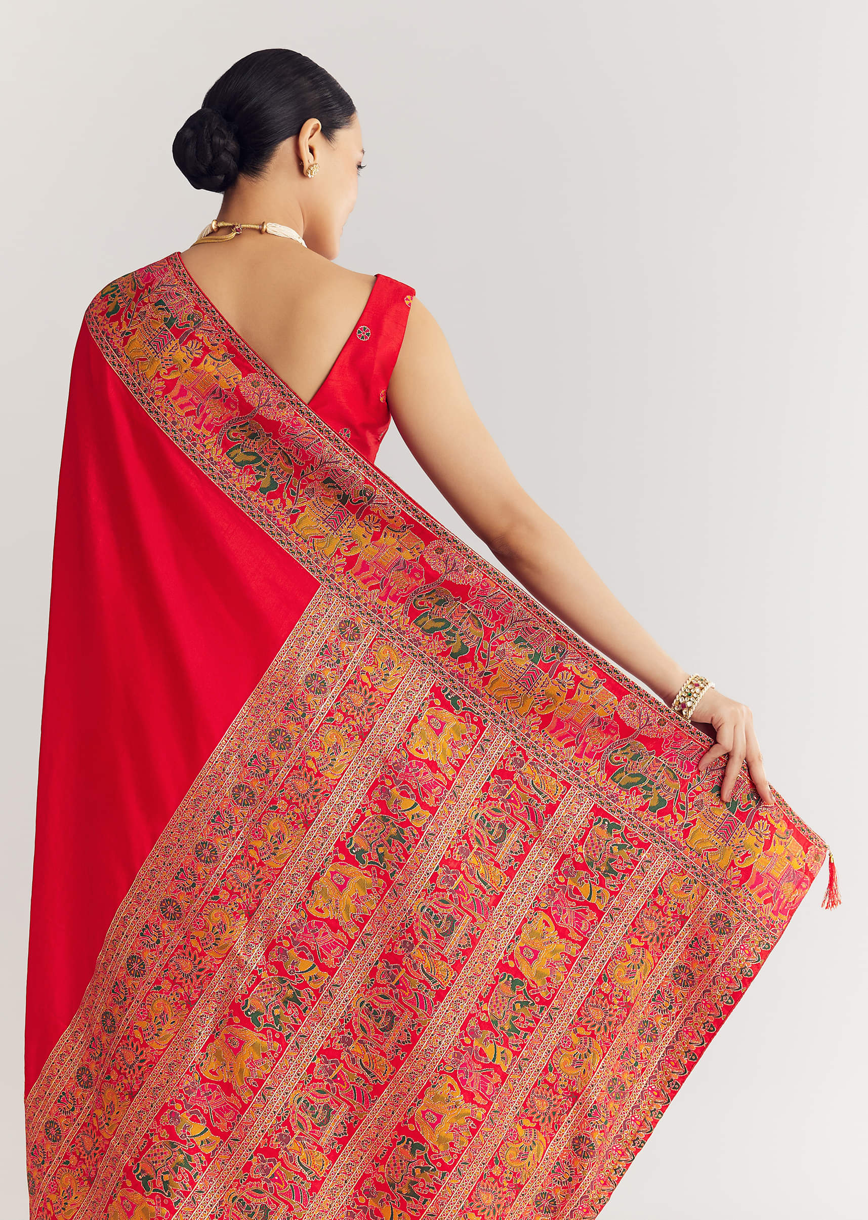 Red Saree With Traditional Floral And Animal Prints