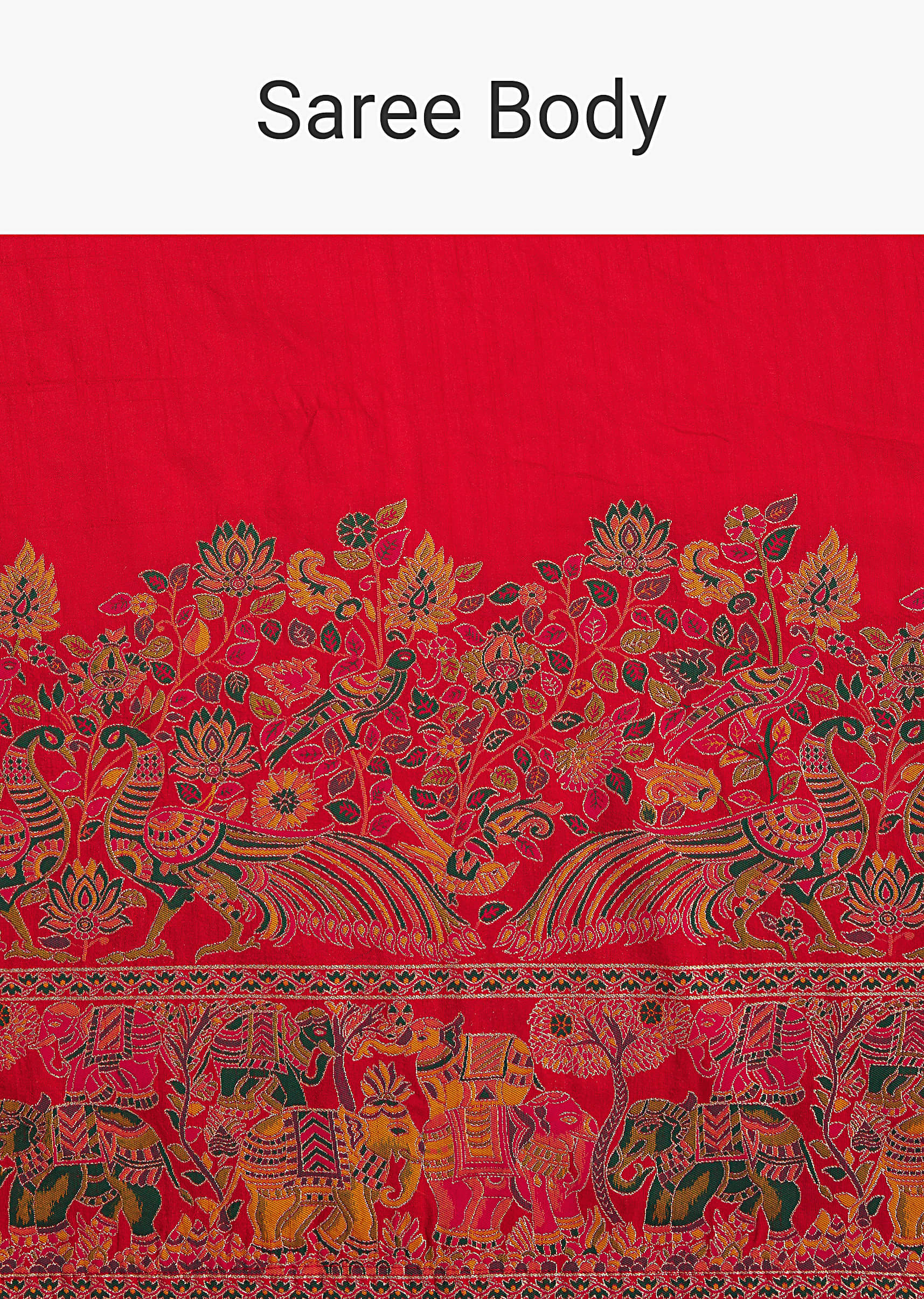 Red Saree With Traditional Floral And Animal Prints