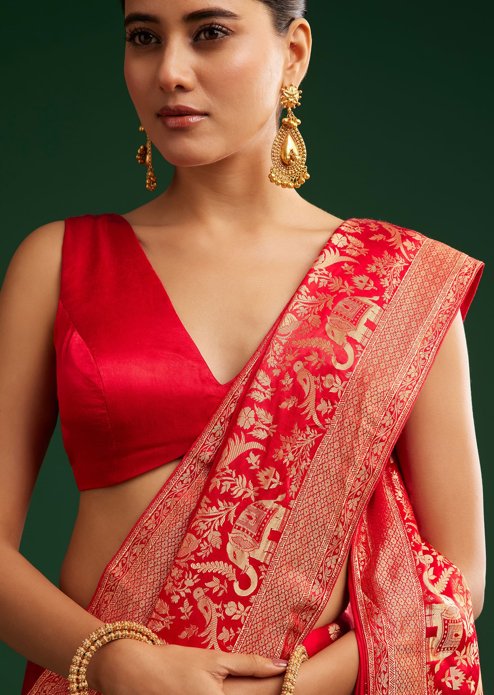 Red Satin Saree With Zari Weave