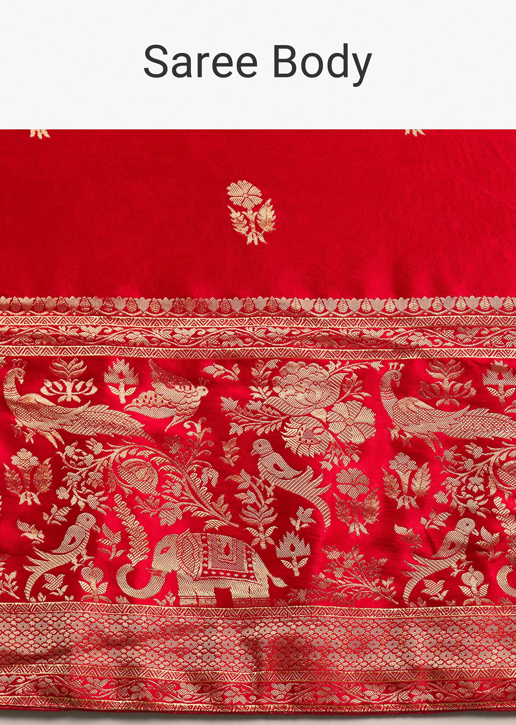 Red Satin Saree With Zari Weave