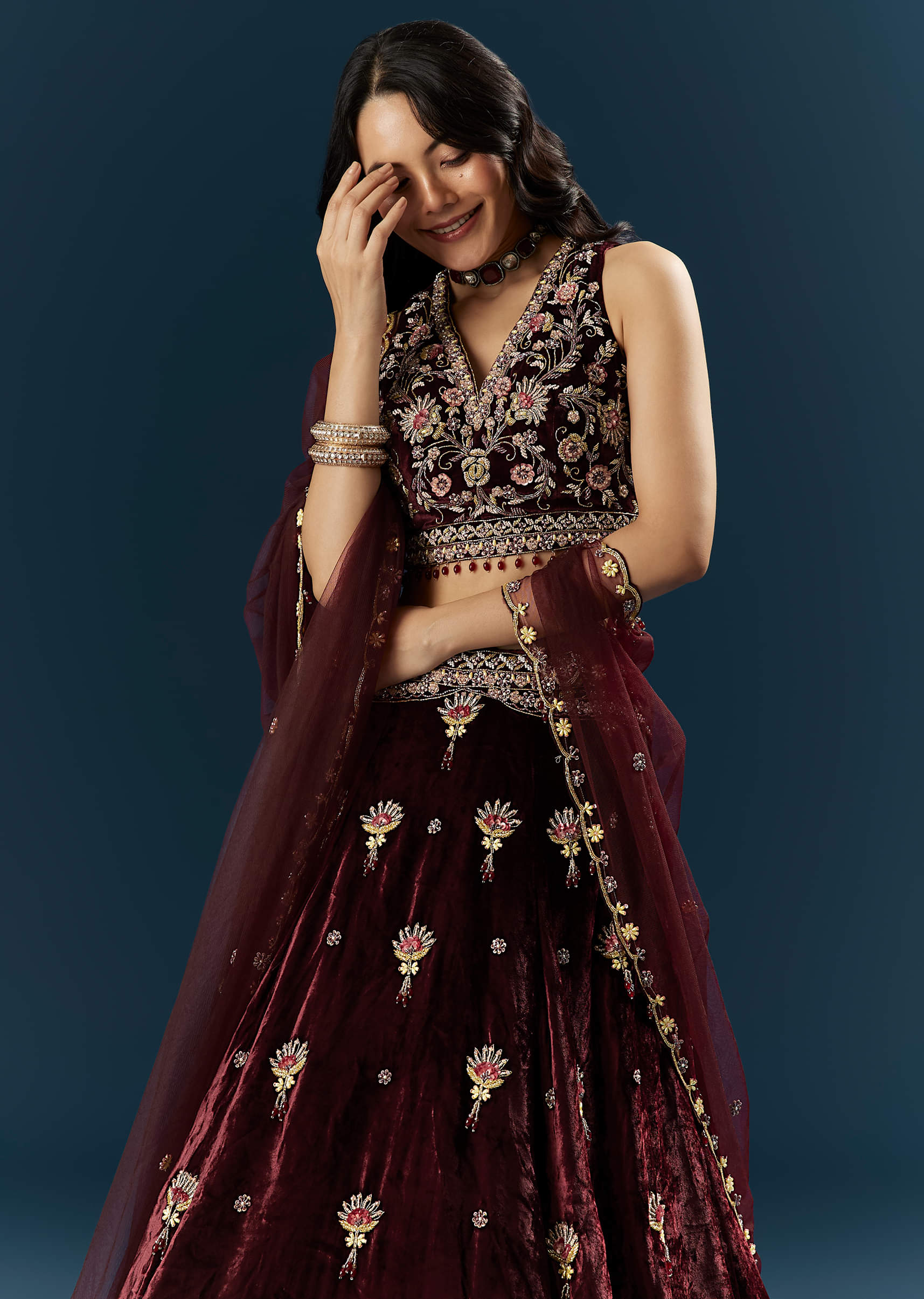 Red Velvet Bridal Lehenga With Cutdana And Beads Embroidery