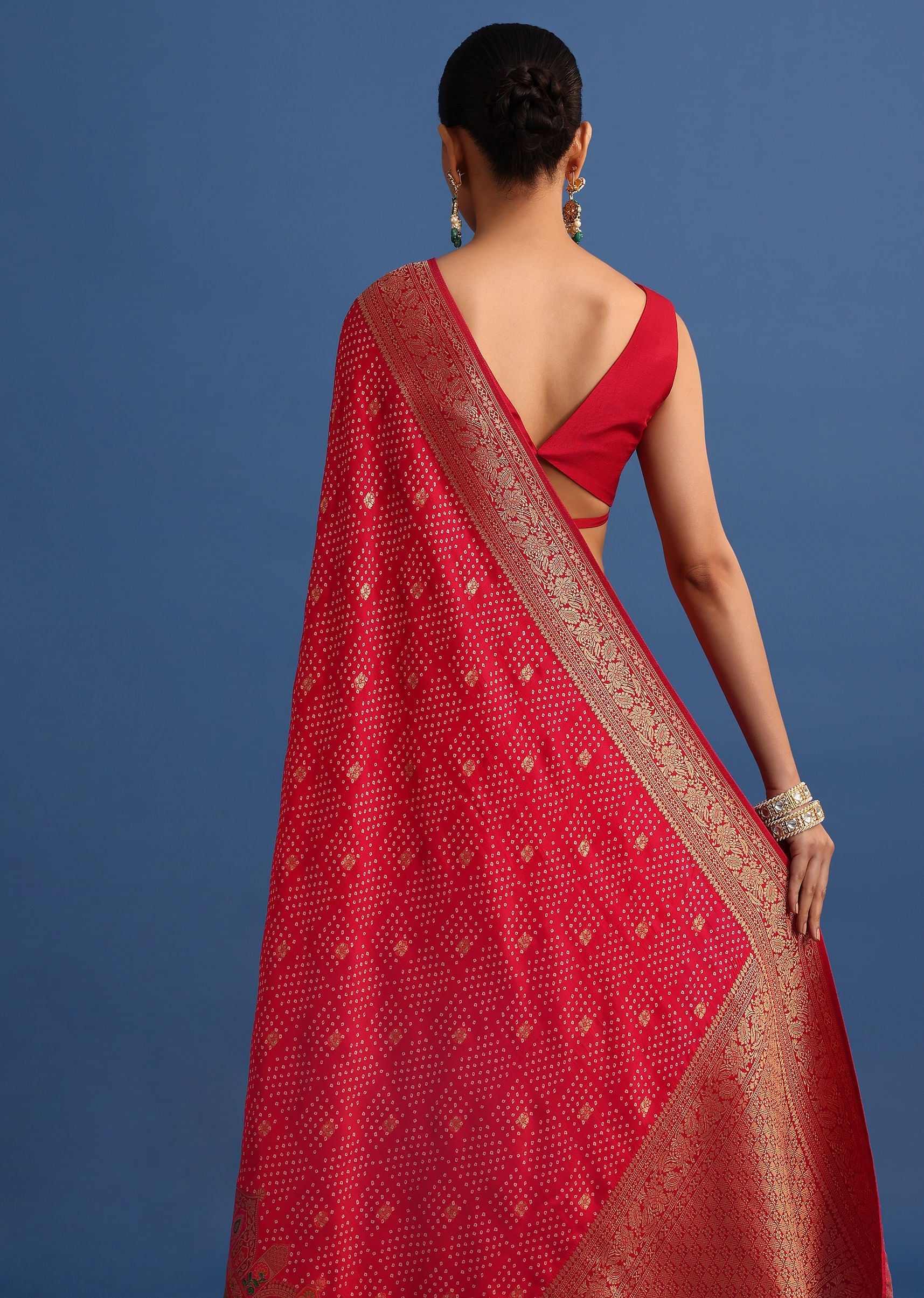 Red Banarasi Bandhani Satin Saree With Traditional Brocade Motifs On Border