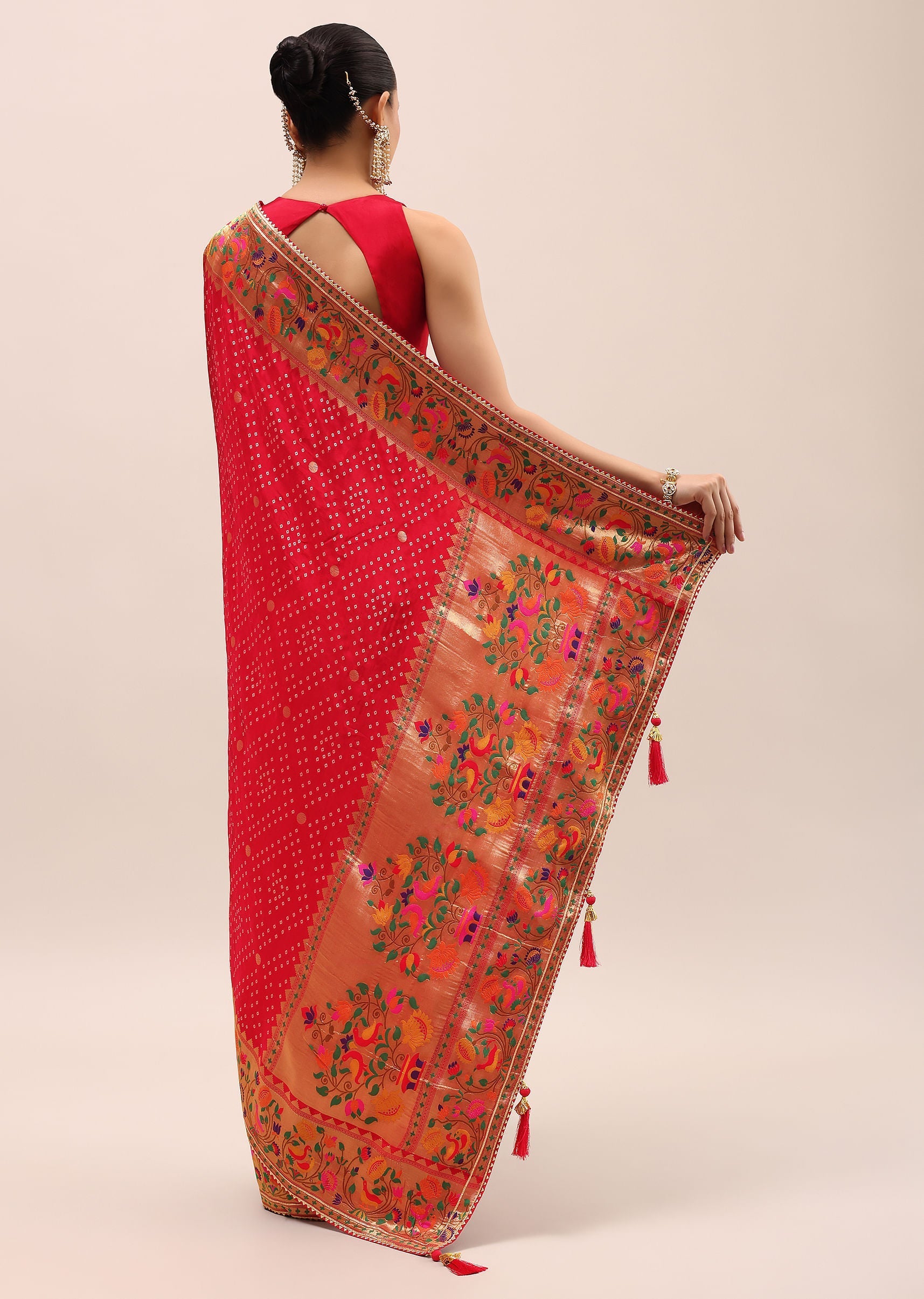 Red Bandhani Silk Saree With Unstitched Blouse