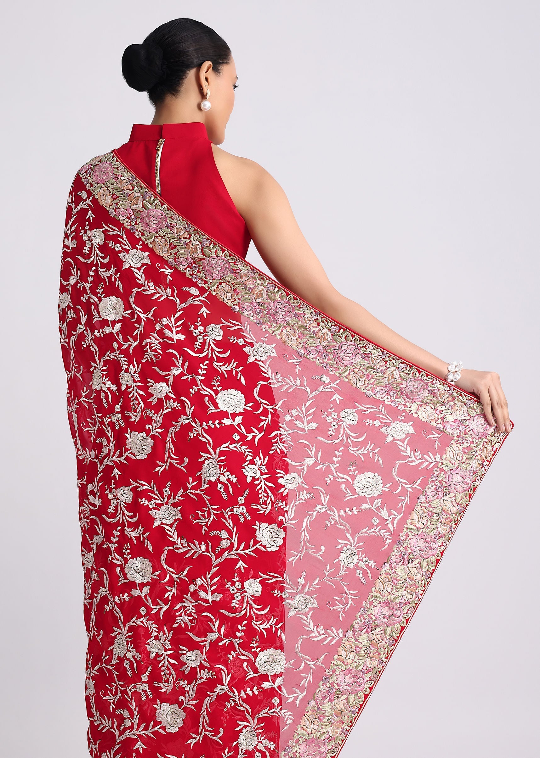 Red Georgette Saree with Parsi Gara Work
