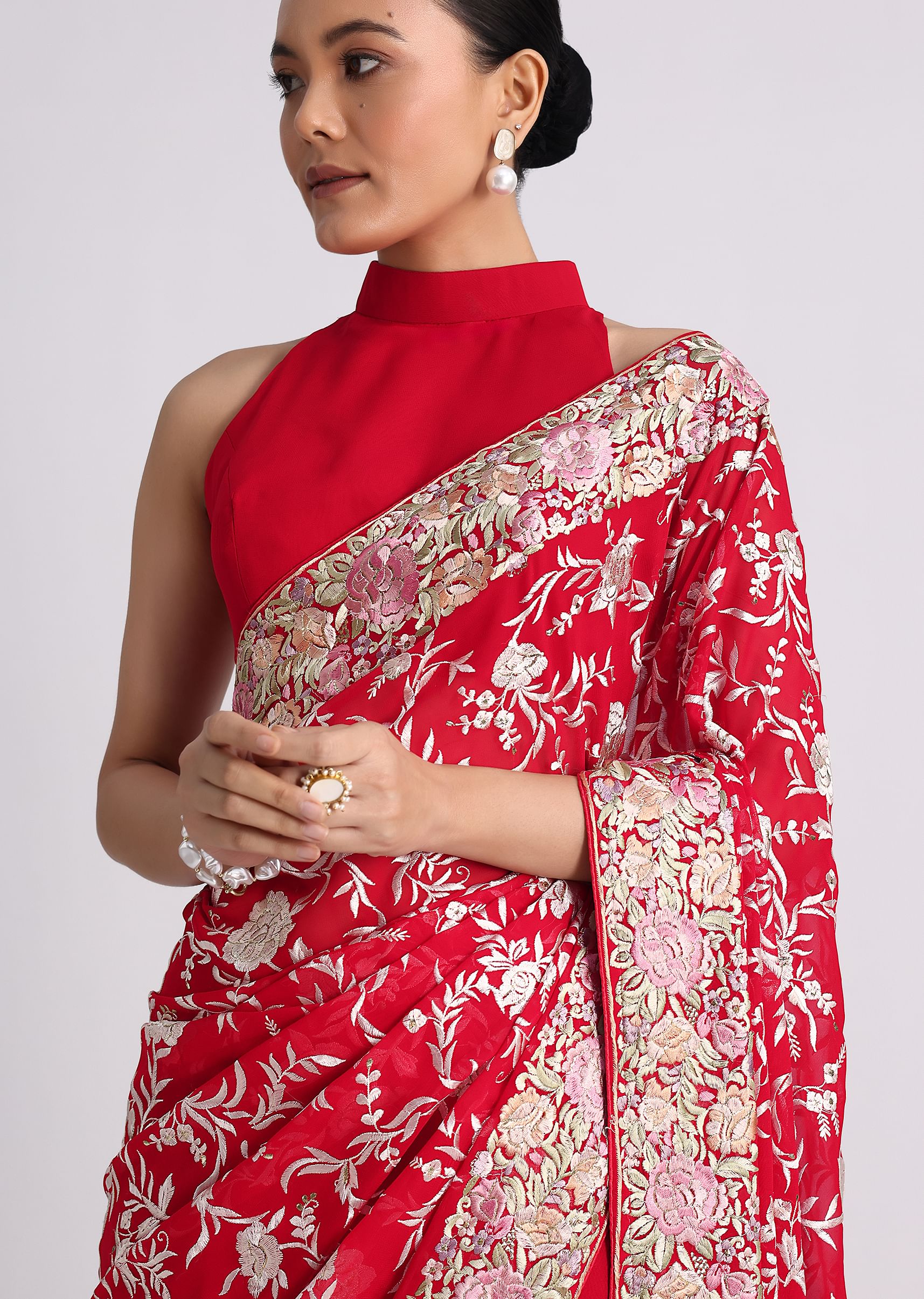Red Georgette Saree with Parsi Gara Work