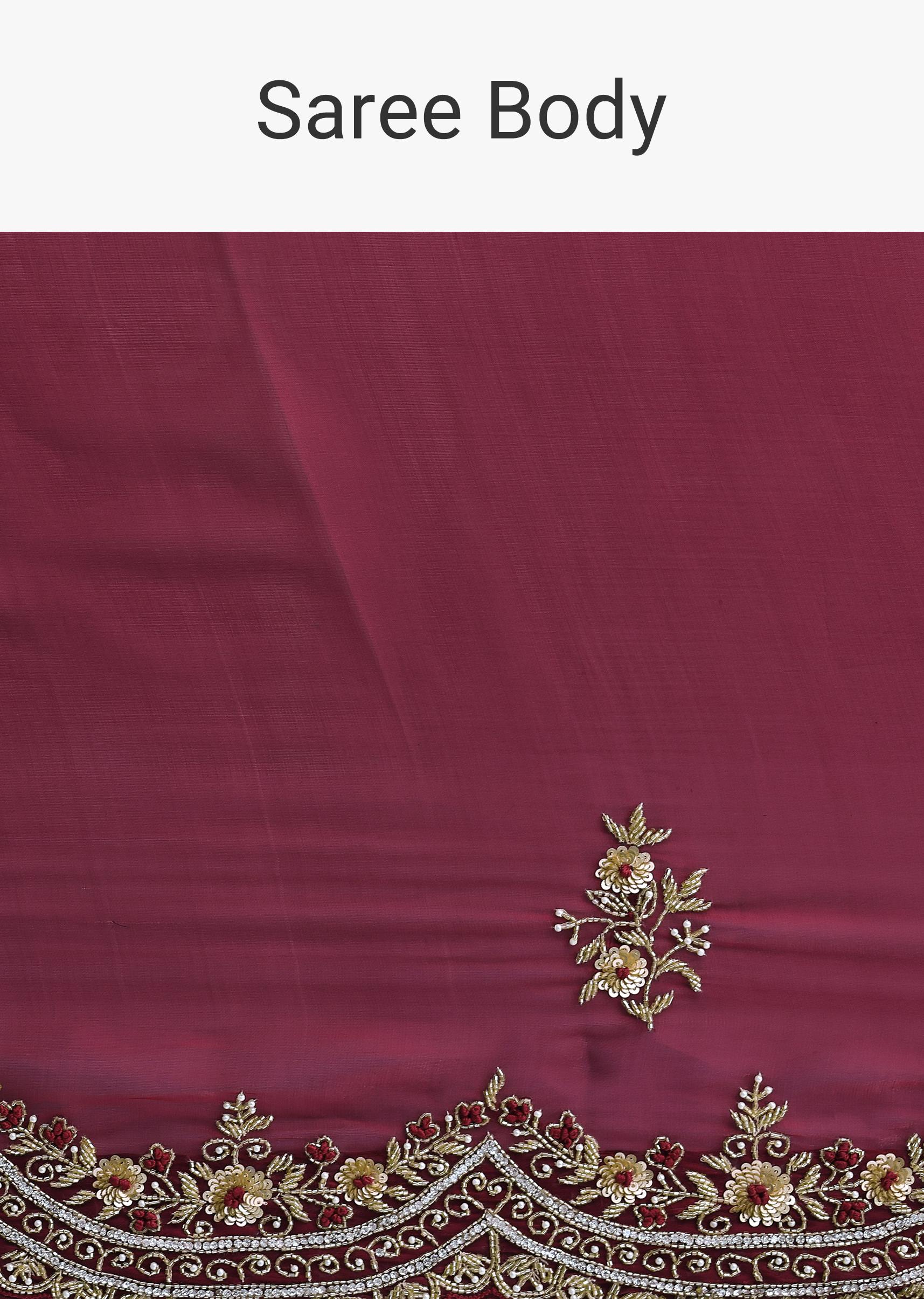Red Glass Tissue Saree With Sequin Scallop Border And Unstitched Blouse Fabric