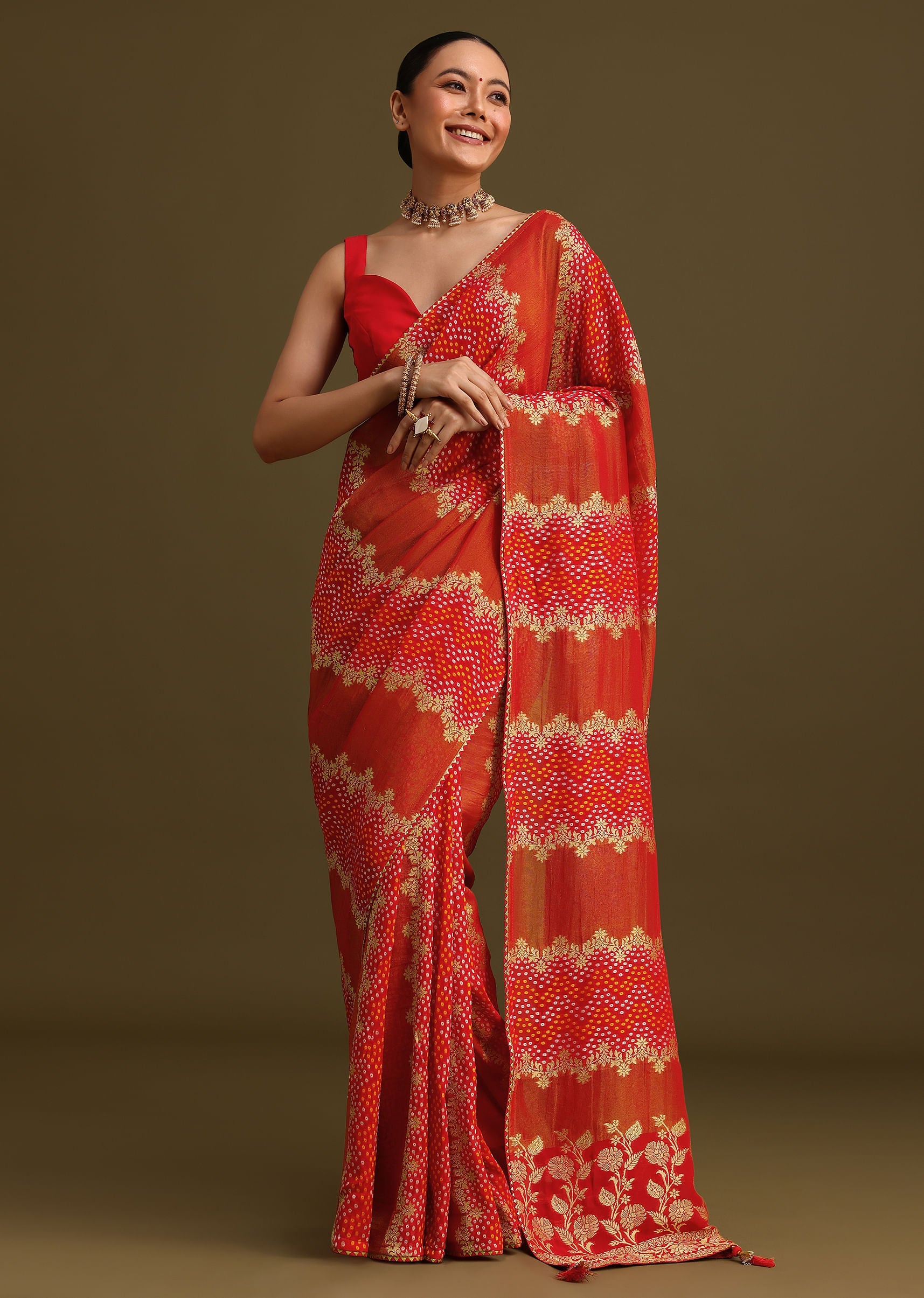 Red Khaddi Georgette Saree With Gotta Patti Border And Unstitched Blouse