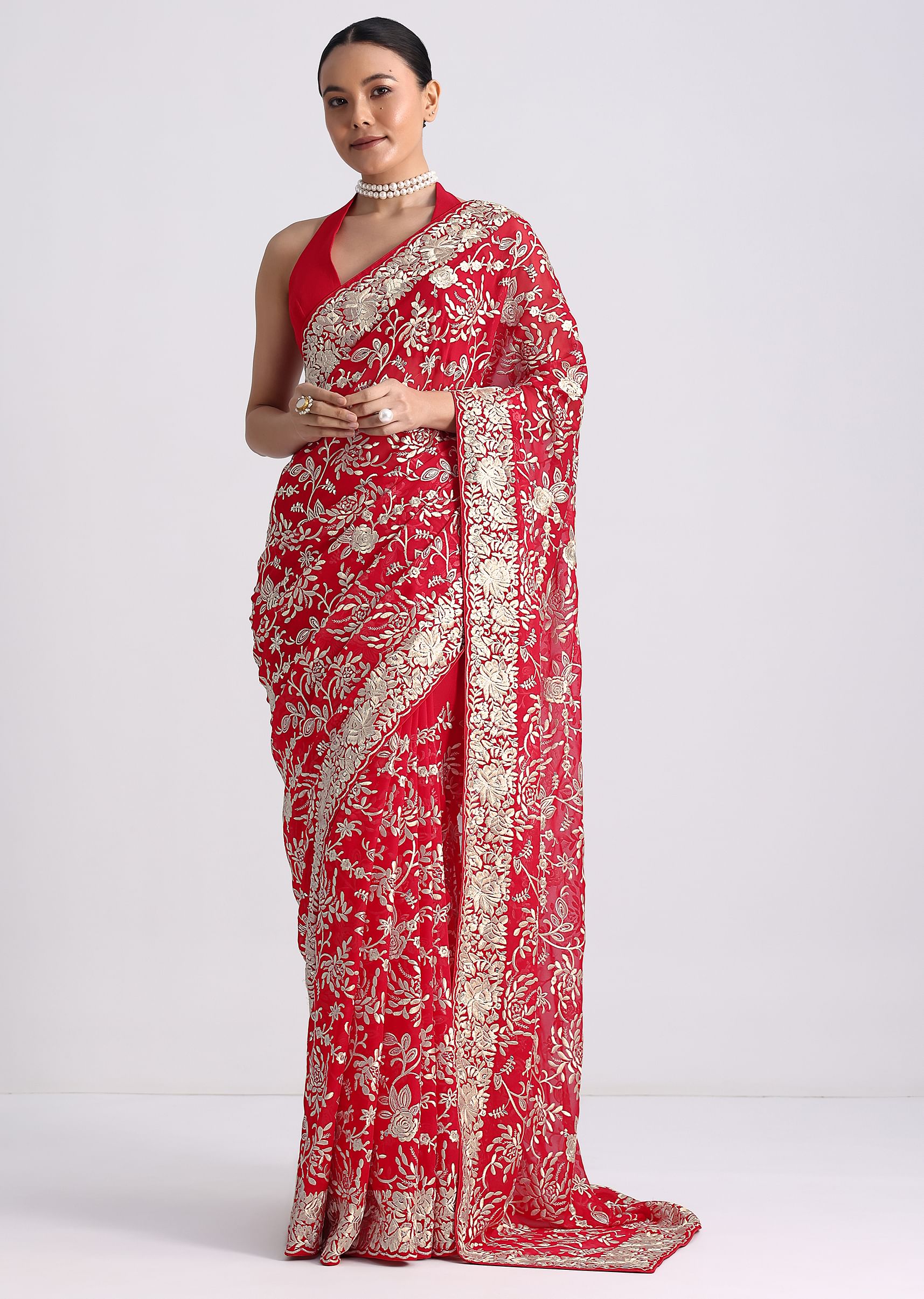 Red Saree In Georgette with Parsi Gara Work