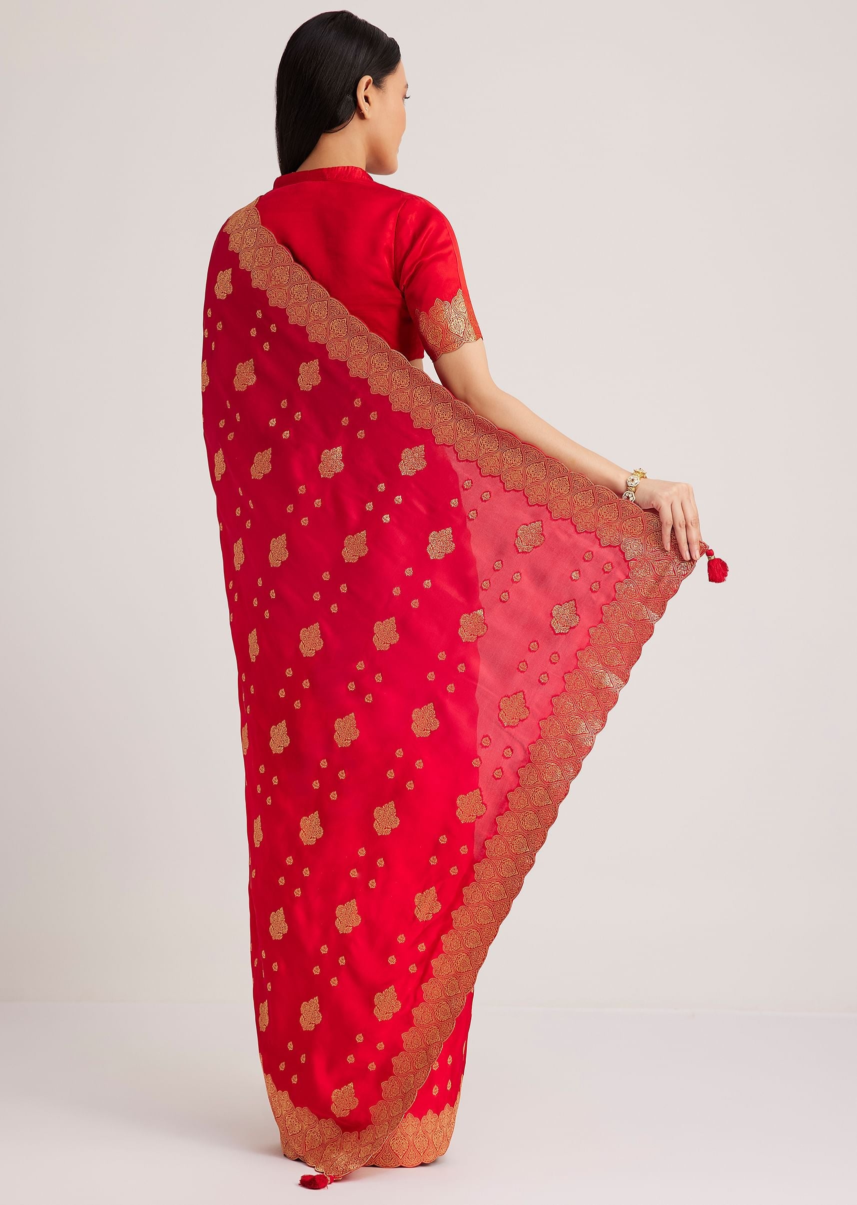 Red Satin Silk Butti Woven Saree With Scallop Brocade Border