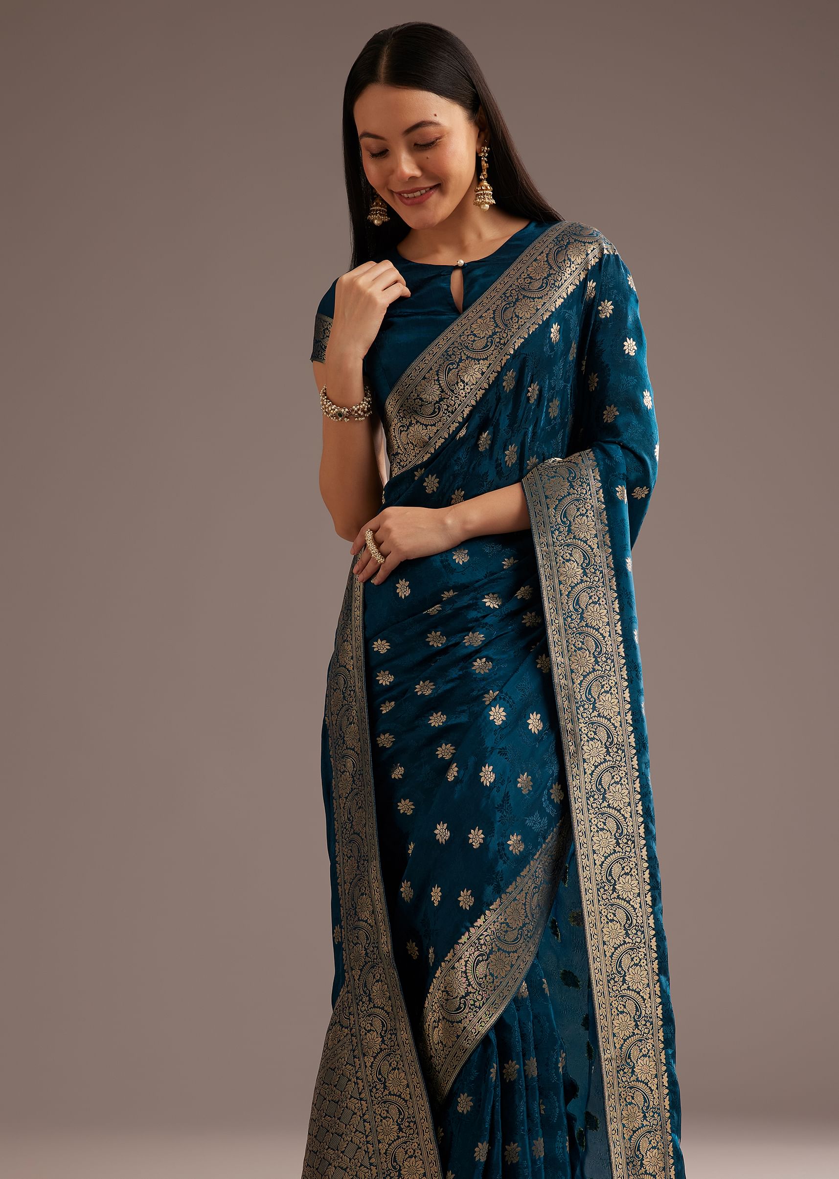 Royal Blue Jaquard Silk Saree With Zari Butti And Brocade Border