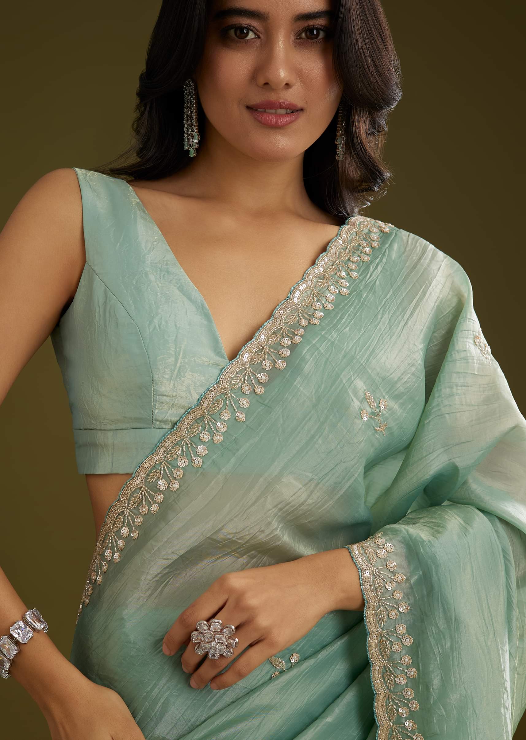 Sage Blue Crush Tissue Stone And Sequin Embroidered Saree With Scallop Border