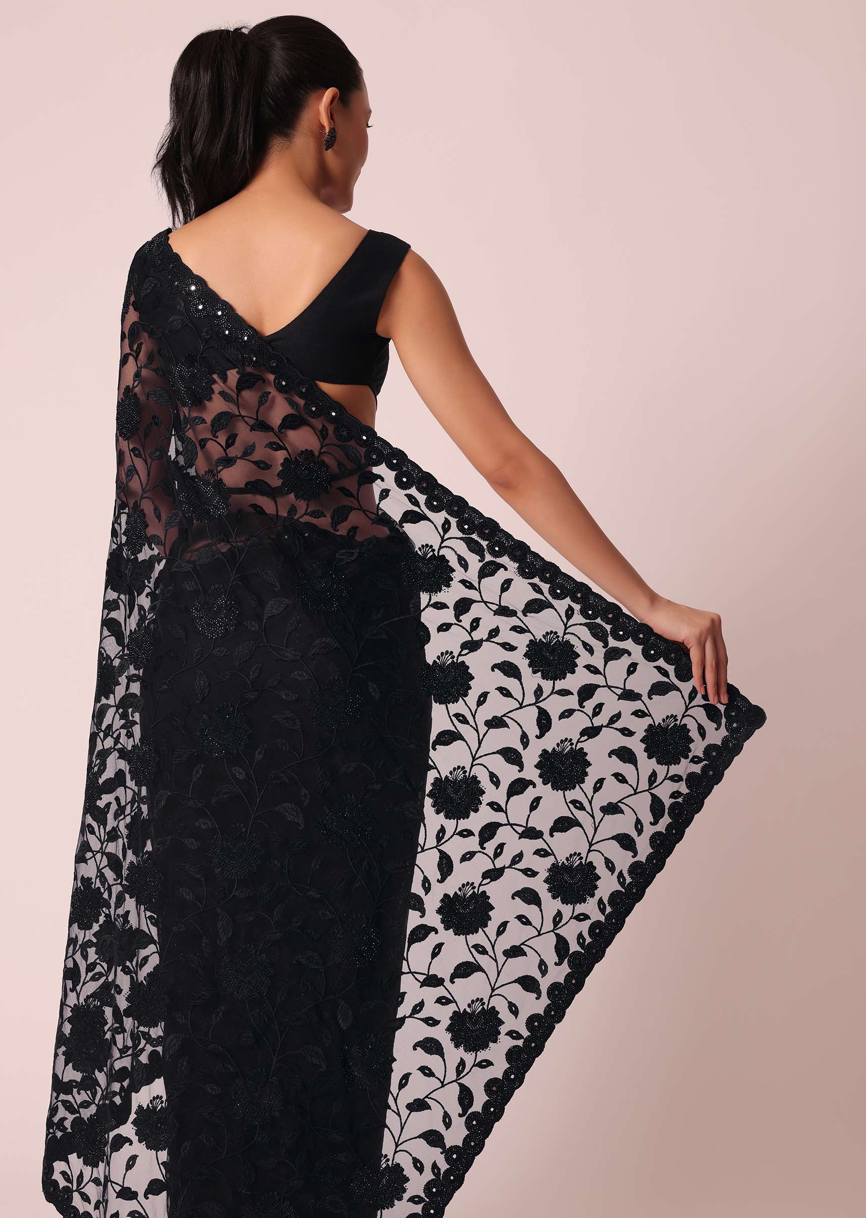 Black Net Saree With Floral Threadwork And Unstitched Blouse Piece