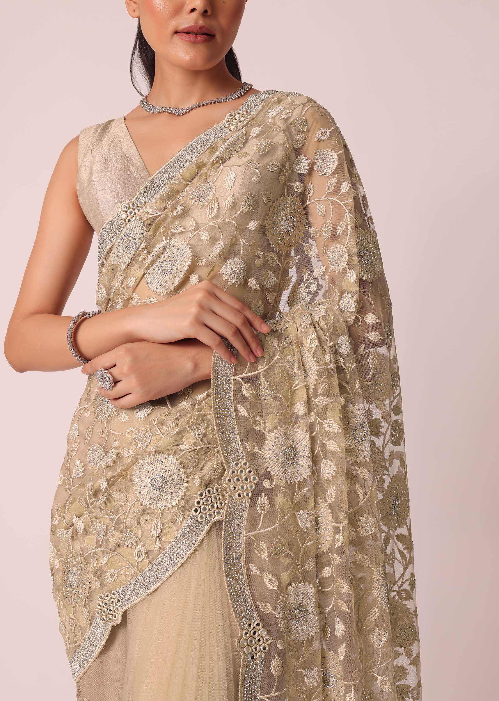 Gold Net Saree With Stone Studded And Florar work And Unstitched Blouse Piece