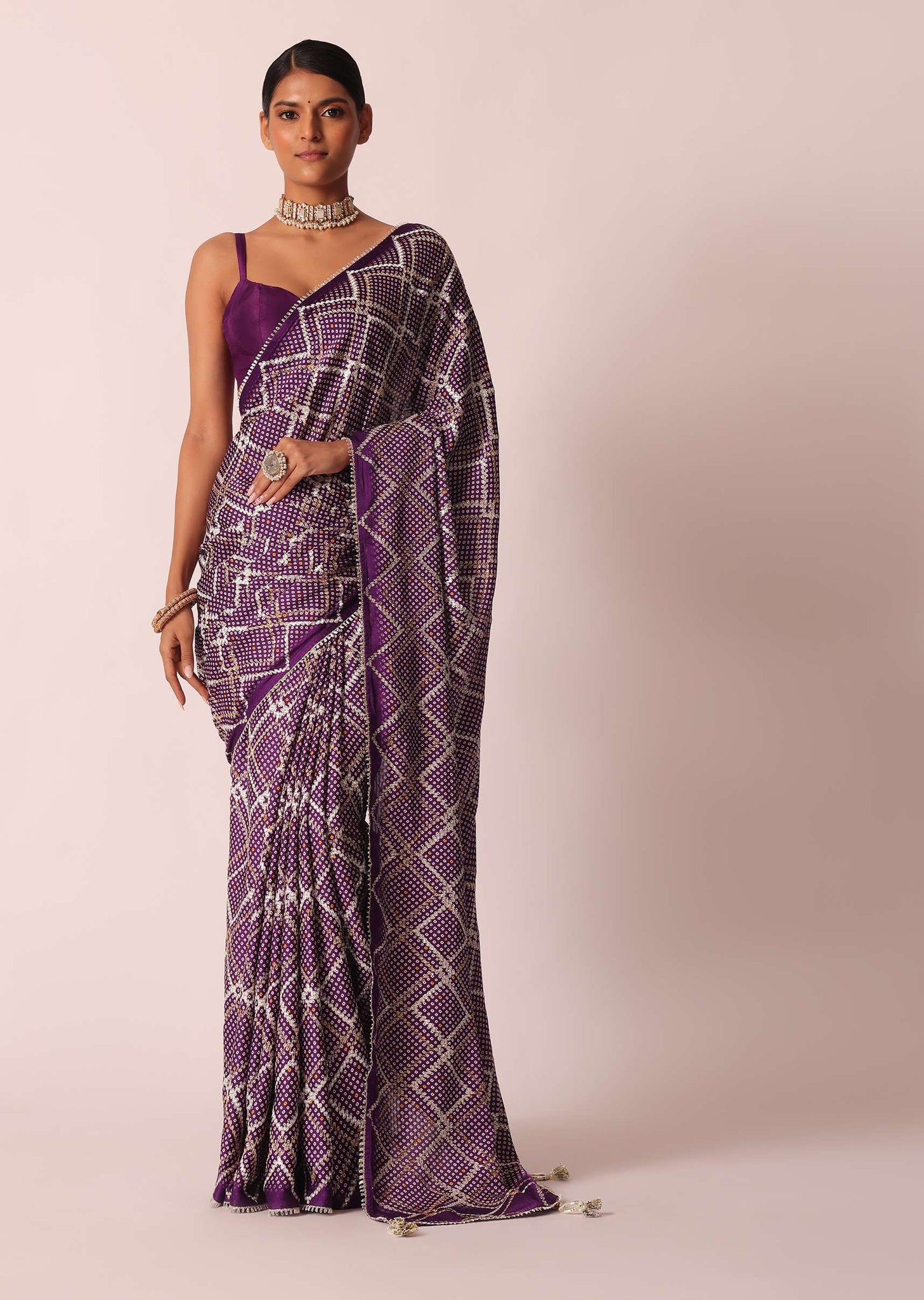 Purple Silk Bandhani Print Saree With Gota Embroidery And Unstitched Blouse Piece