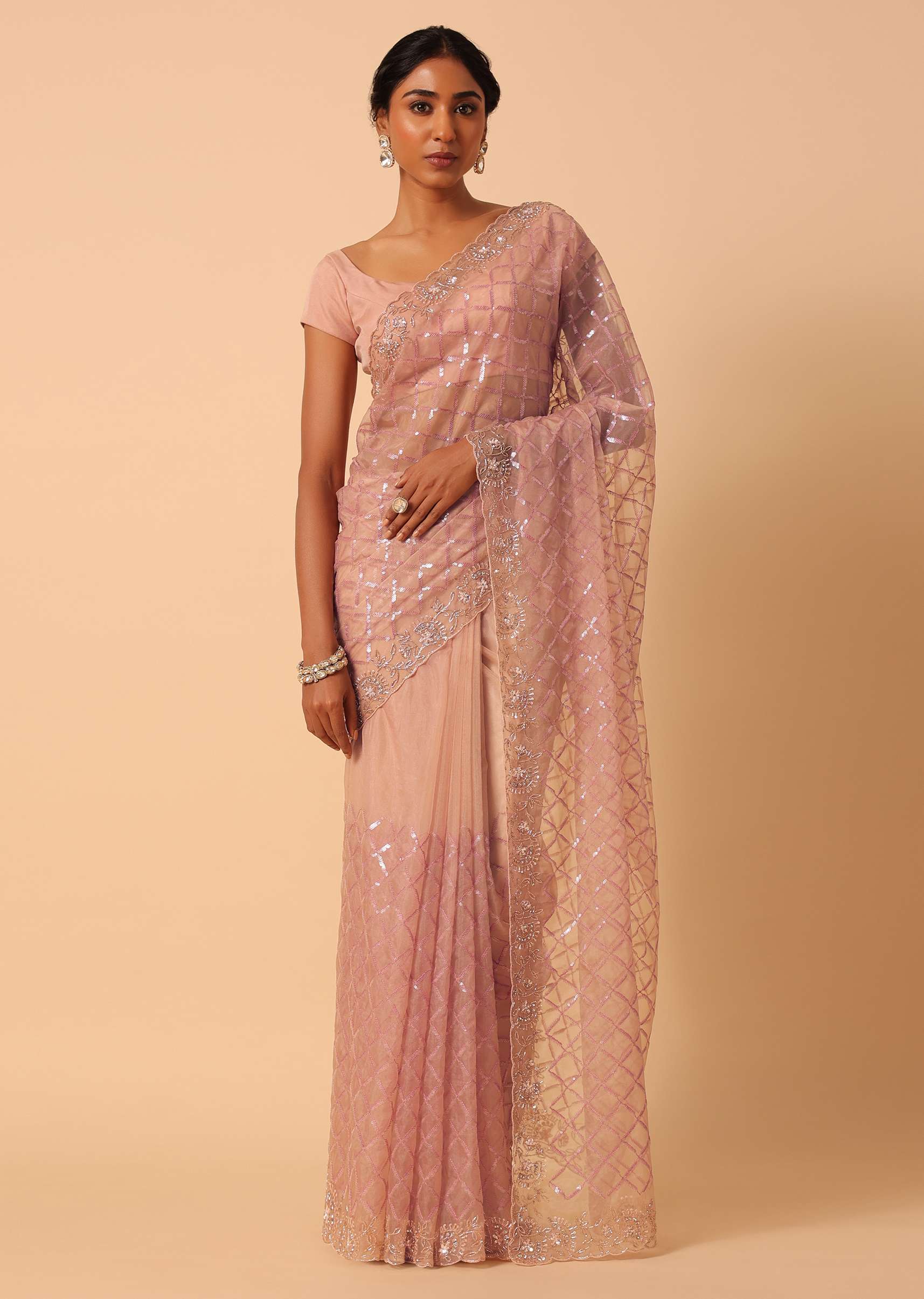Peach Organza Saree With Cutdana Work And Unstitched Blouse Piece