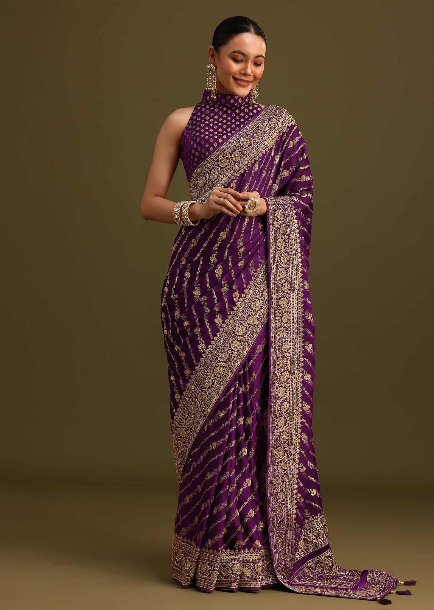Purple Embroidered Saree With Zardosi And Cutdana Work
