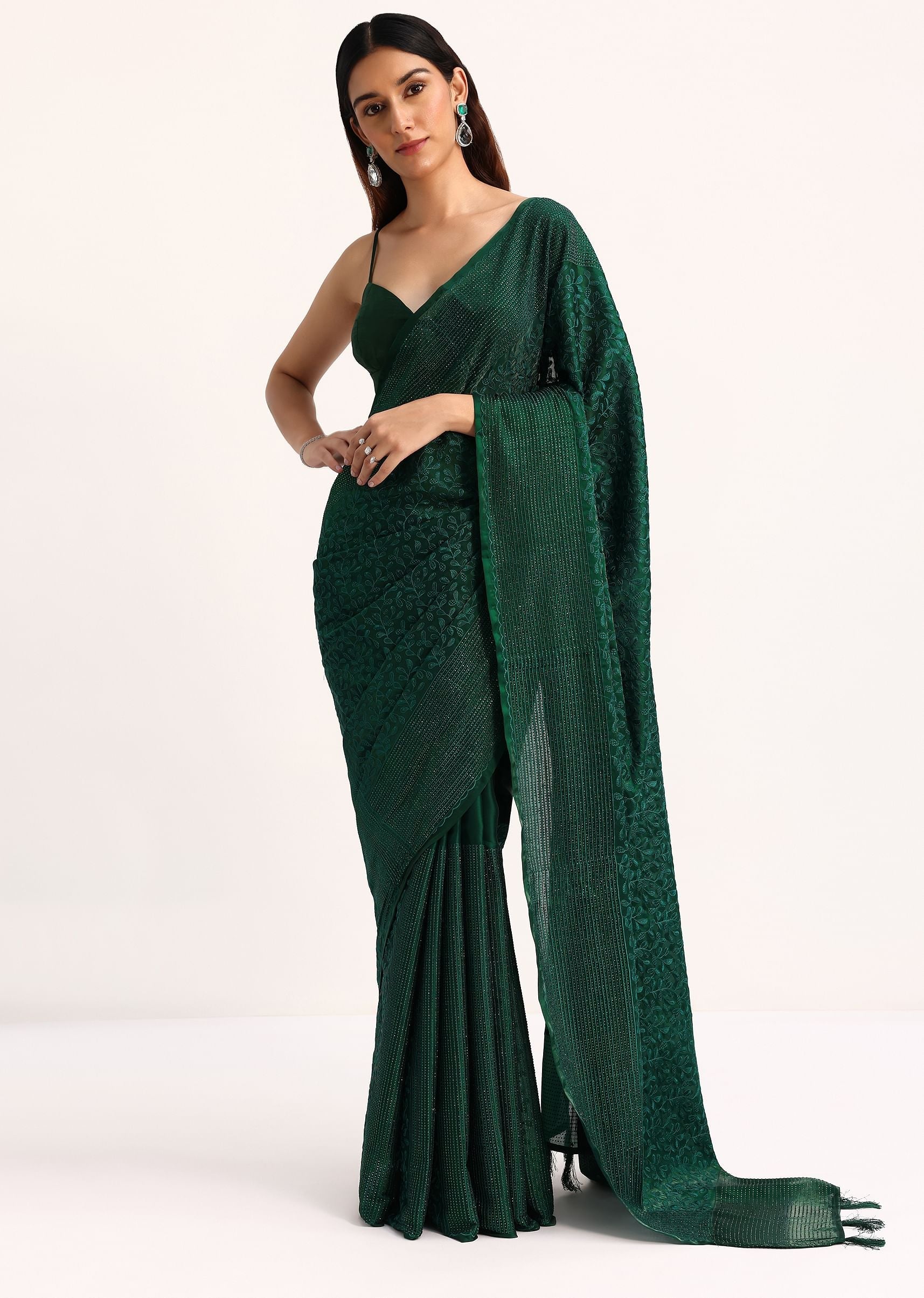 Dark Green Tissue Saree With Thread And Stone Embroidery And Unstitched Blouse