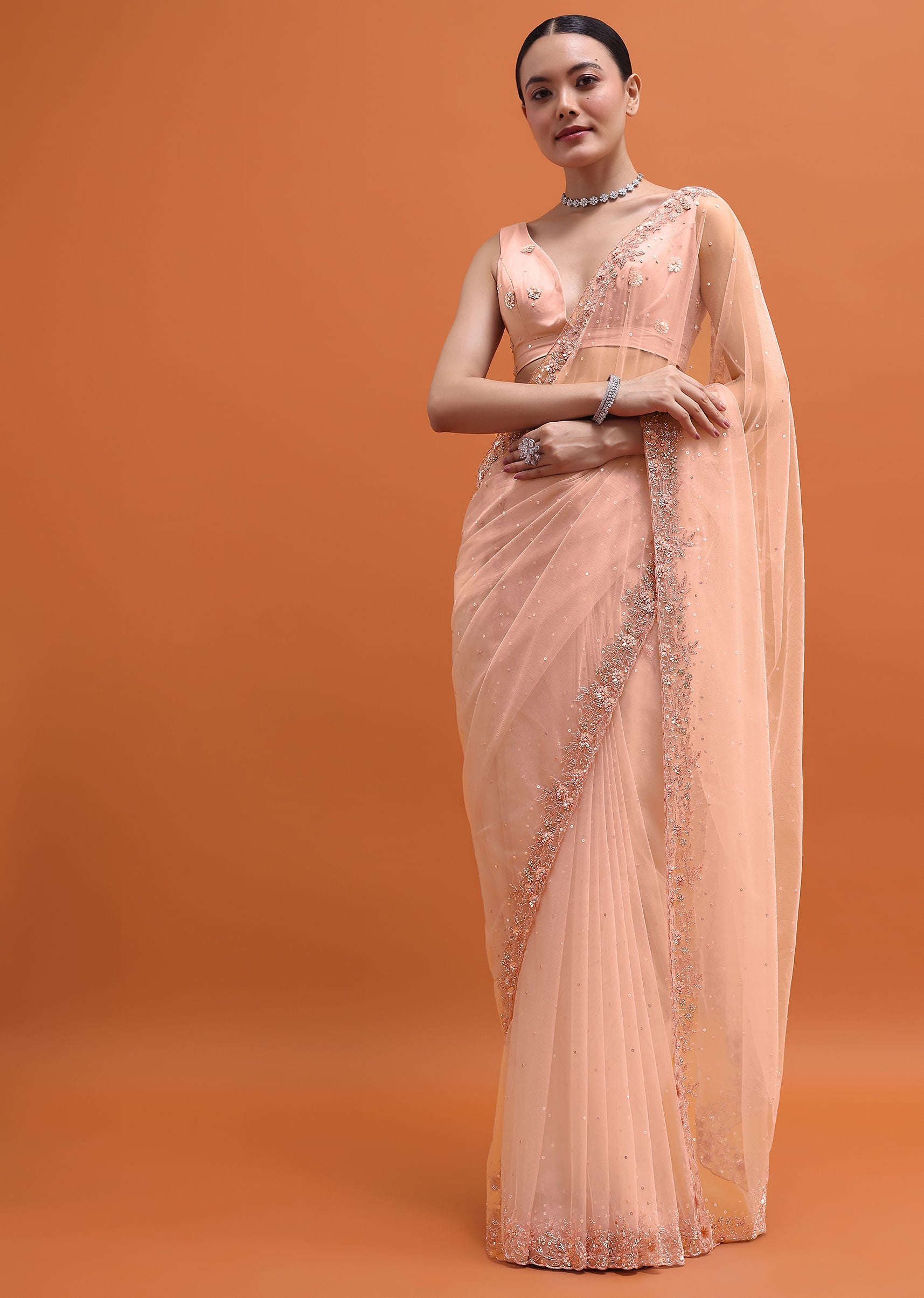 Powder Pink Embroidered Net Saree With Unstitched Blouse