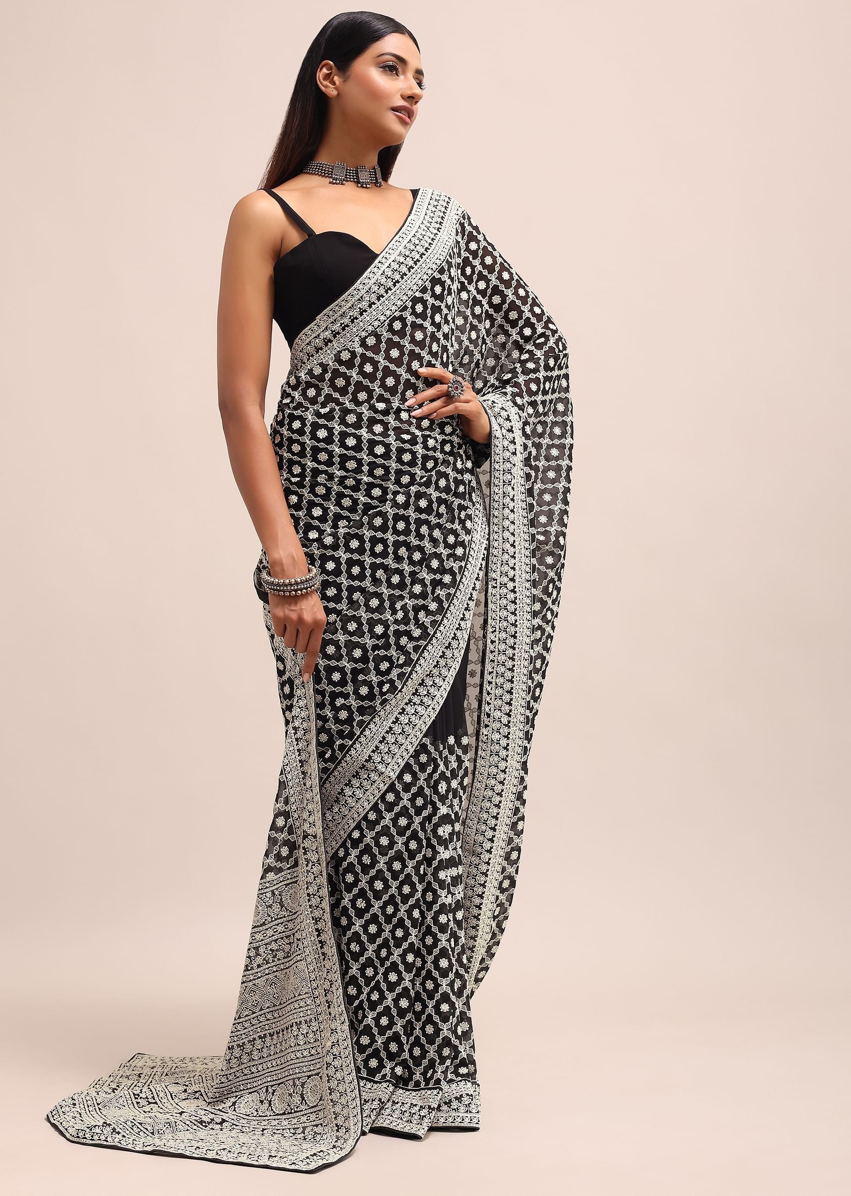 Black Georgette Chikankari Saree With Unstitiched Blouse