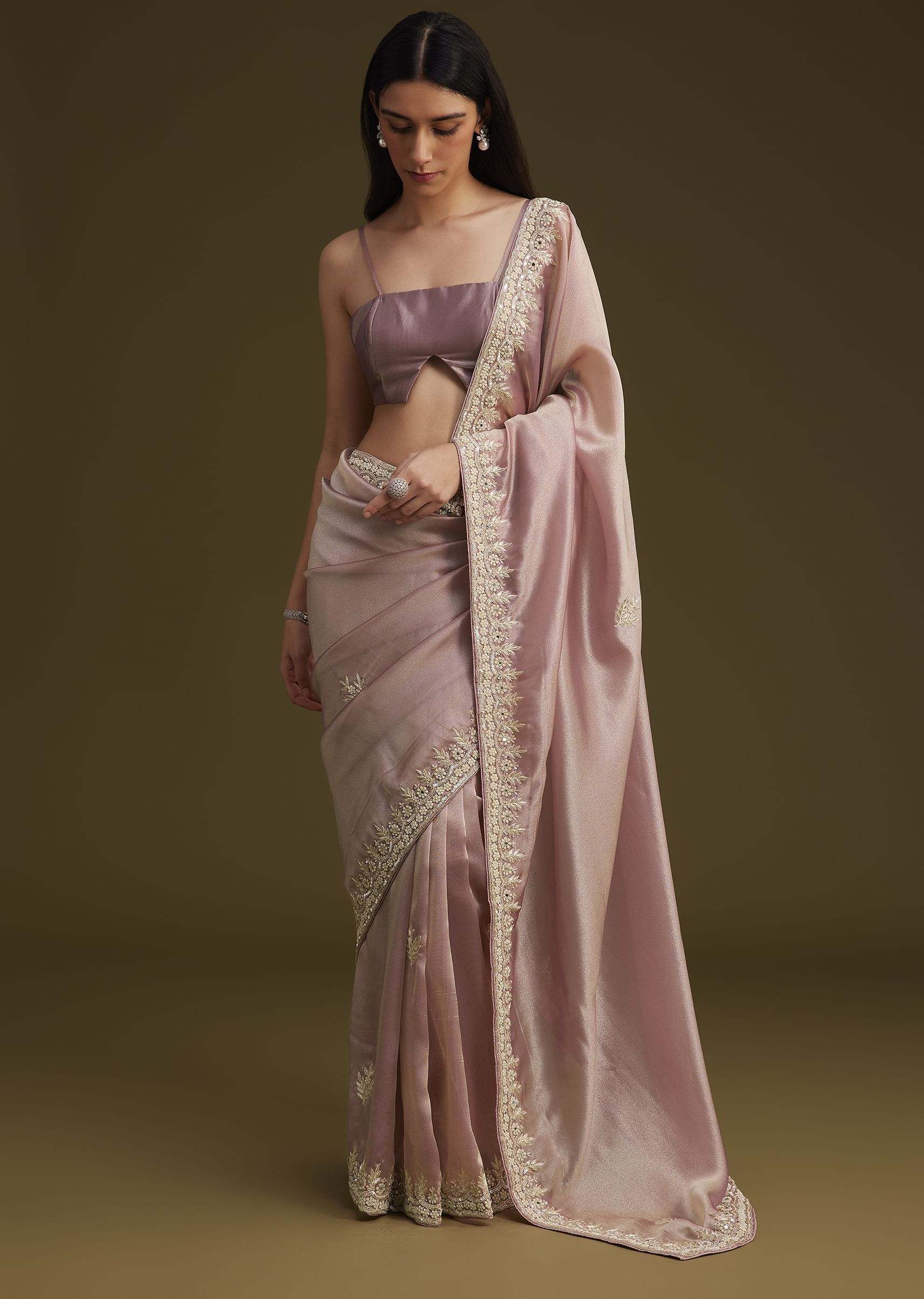 Pink Tissue Saree With Mirror And Sequins Embroidery