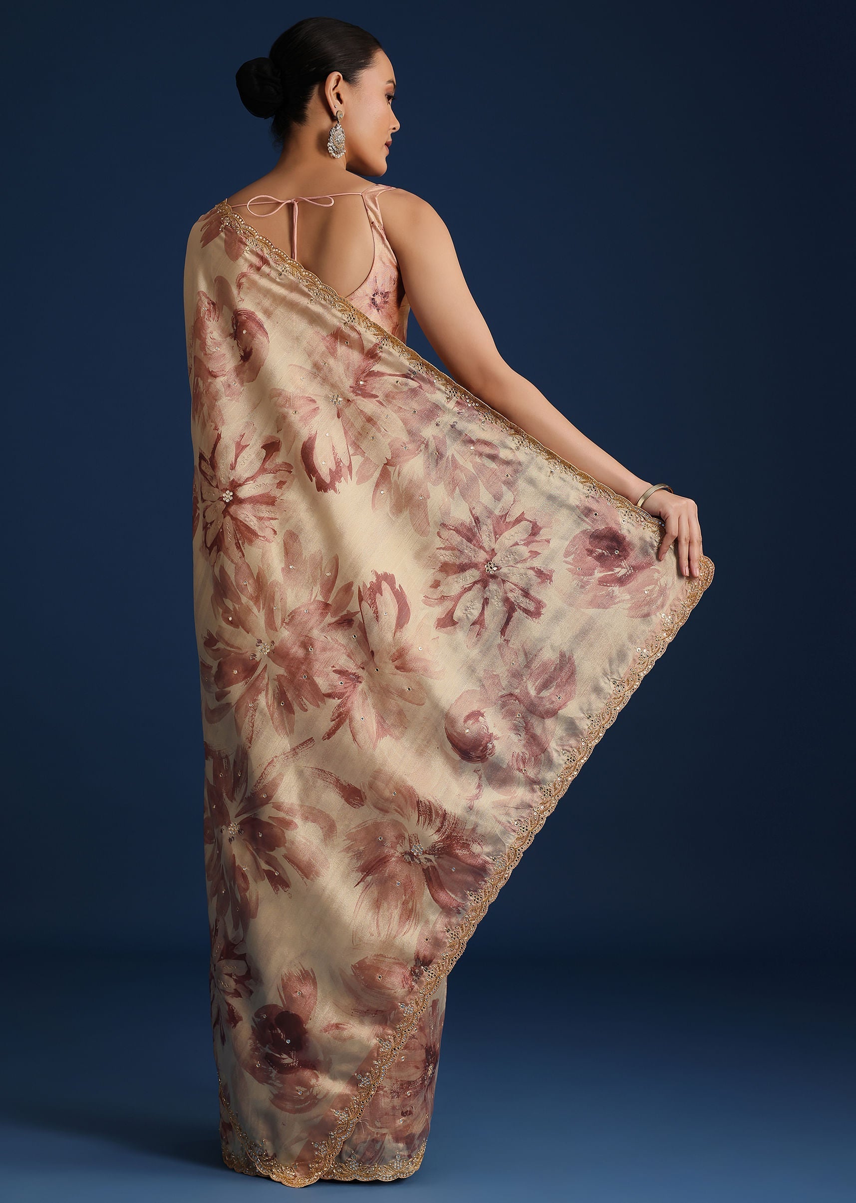 Peach Tussar Silk Floral Printed Saree With Mirror Embroidery