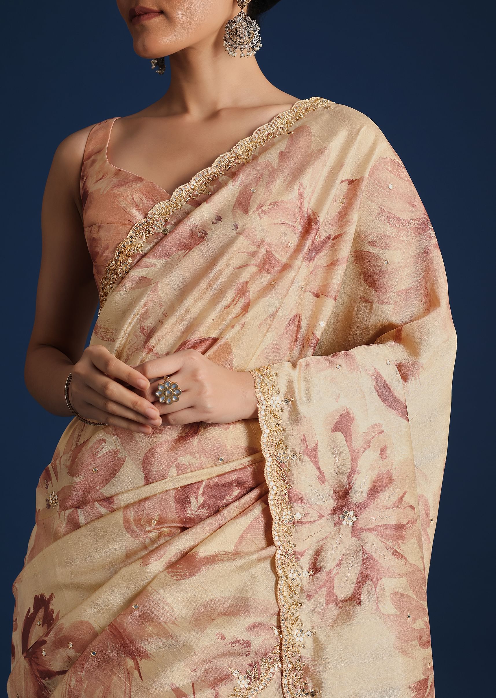 Peach Tussar Silk Floral Printed Saree With Mirror Embroidery