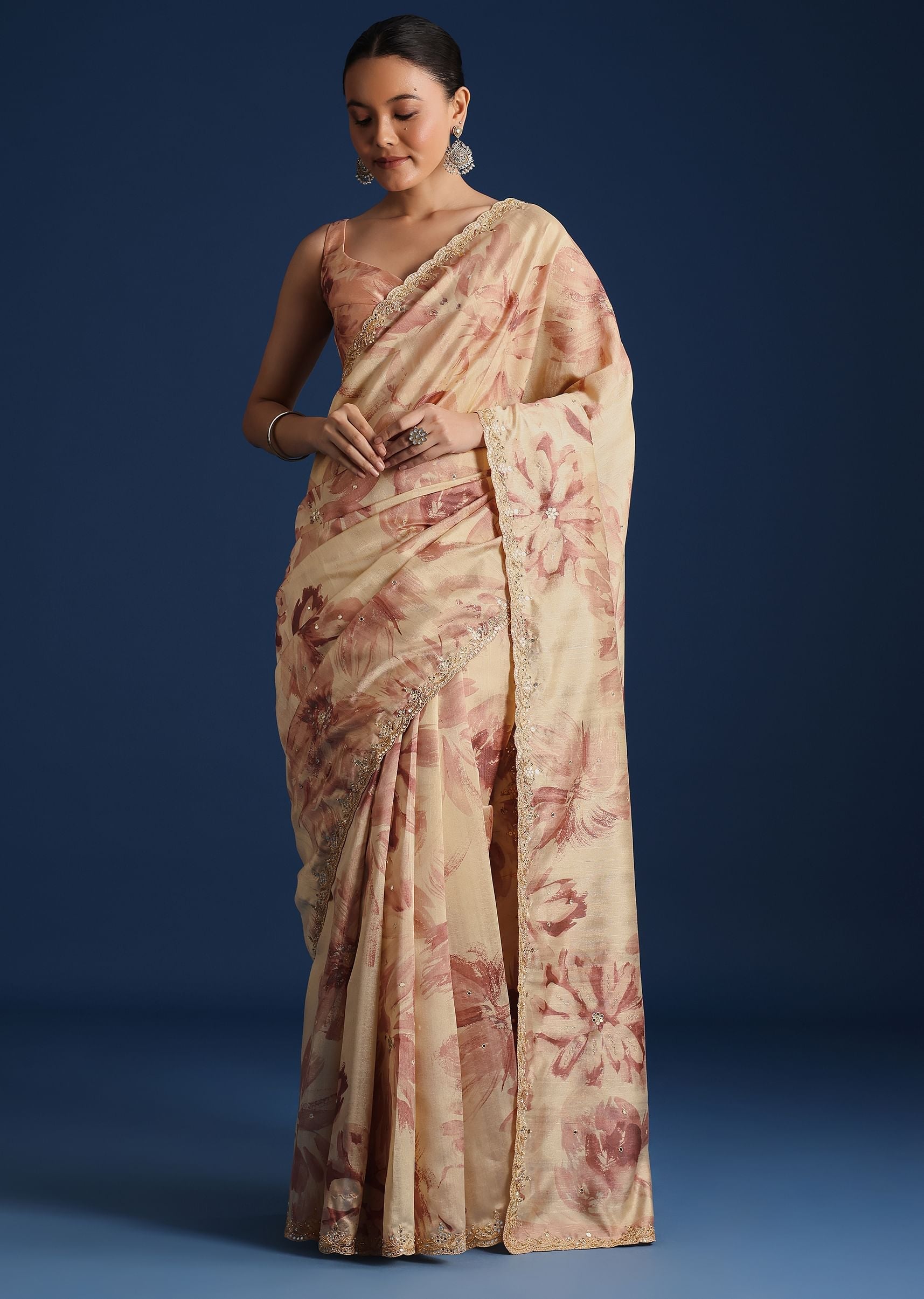 Peach Tussar Silk Floral Printed Saree With Mirror Embroidery