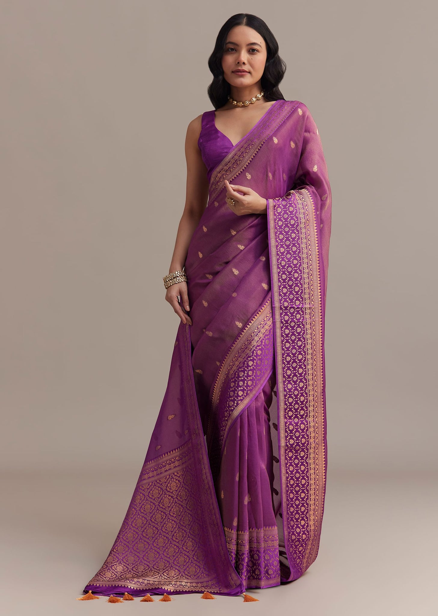 Purple Tissue Silk Saree With Butti Work And Chanderi Zari Woven Border