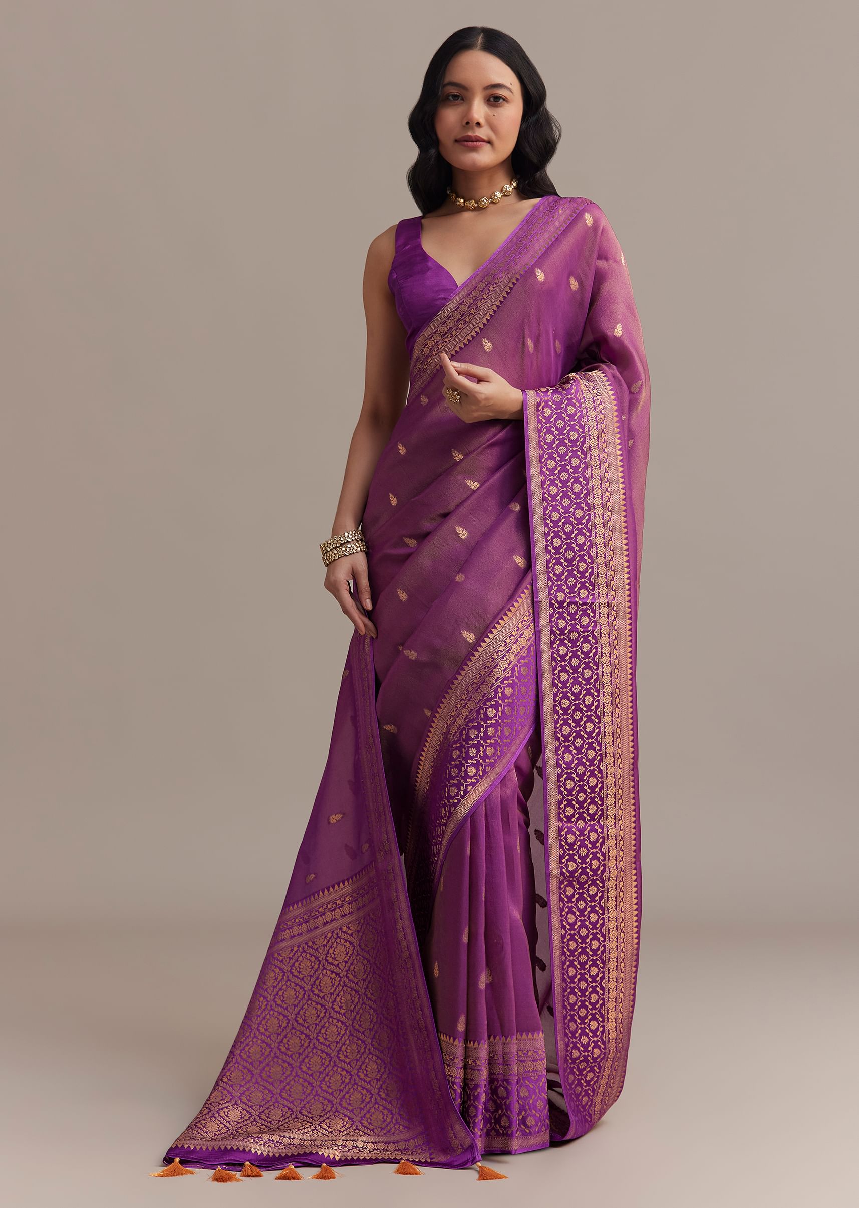Purple Tissue Silk Saree With Butti Work And Chanderi Zari Woven Border