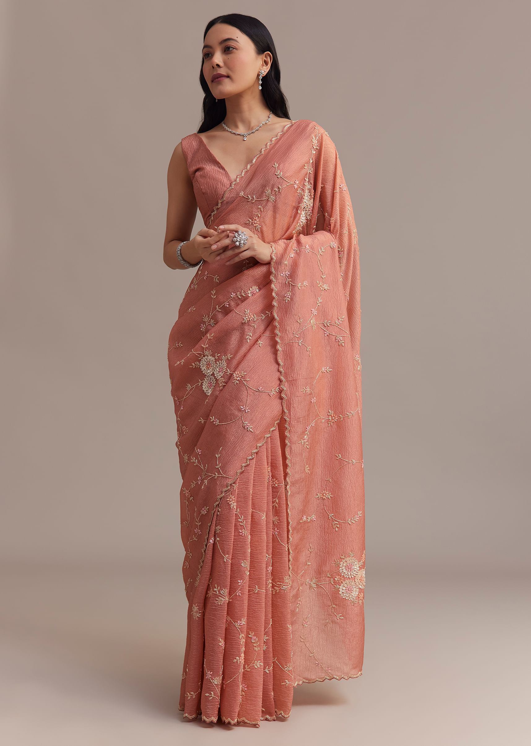 Peach Crushed Tissue Saree With Cutdana And Sequins Jaal Work