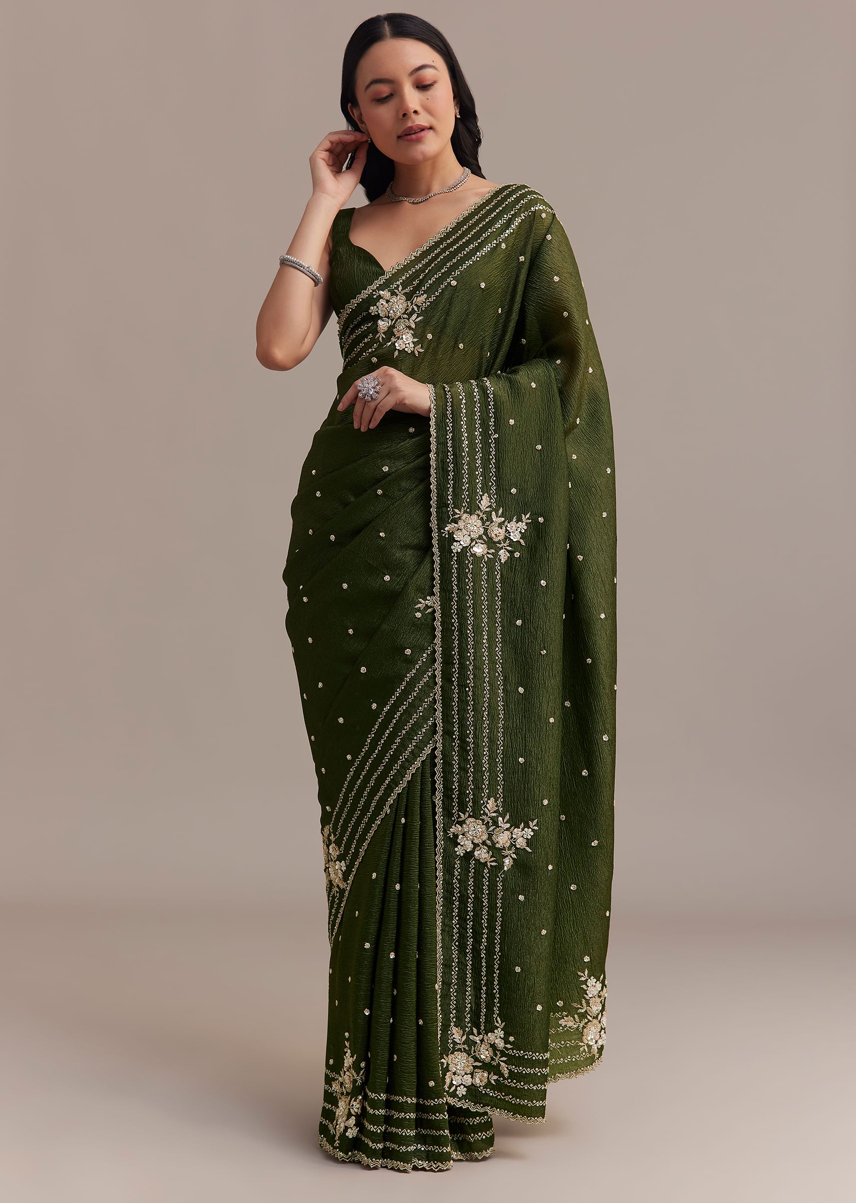 Mehendi Green Crushed Tissue Saree With Embroidered Border