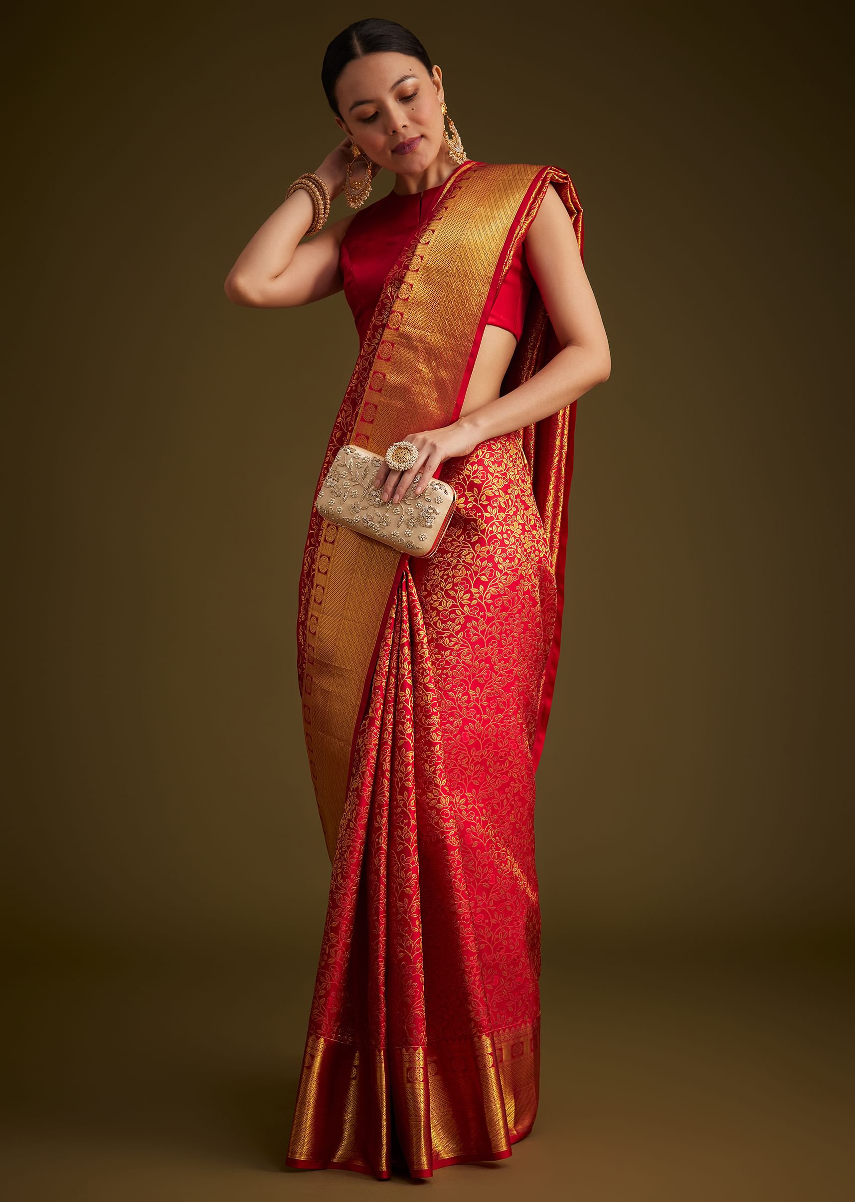 Red Kanjivaram Silk Saree With Golden Zari Woven Border