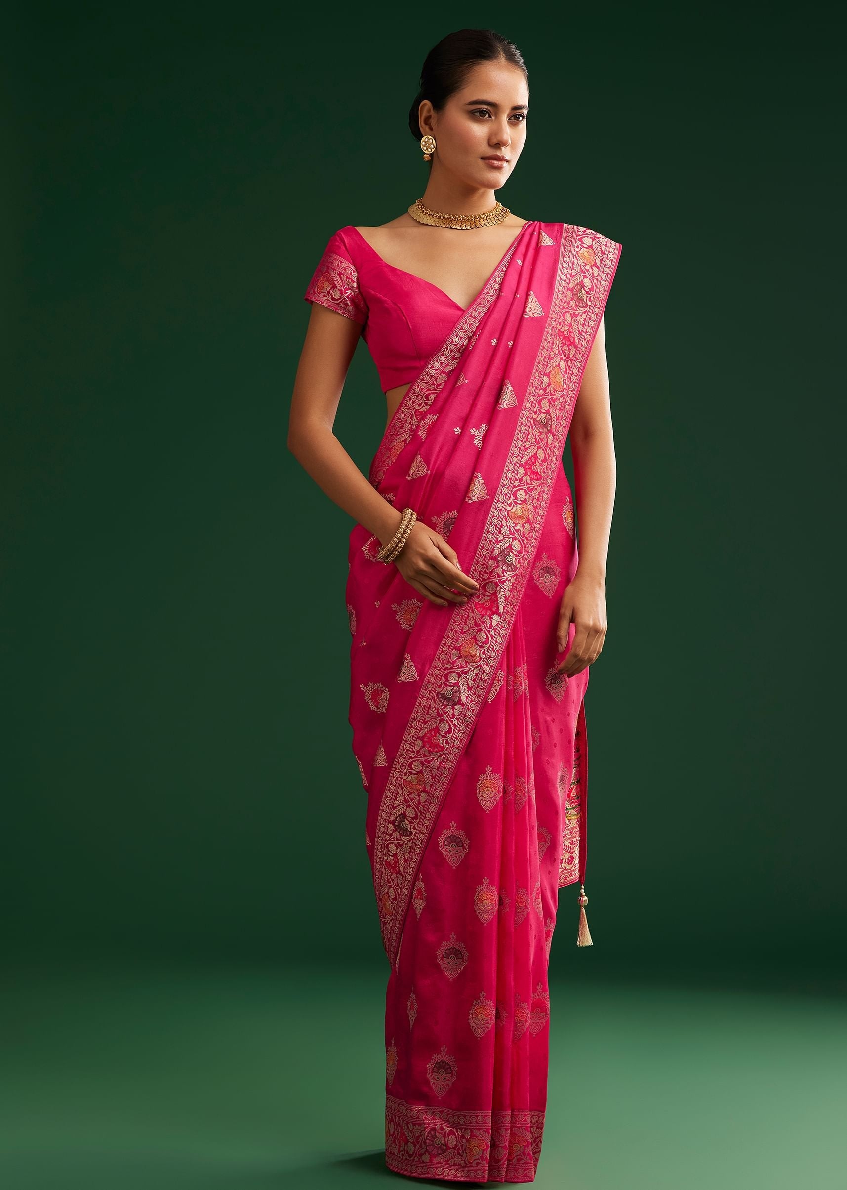 Classic Rani Pink Dola Silk Saree With Zari Detailing