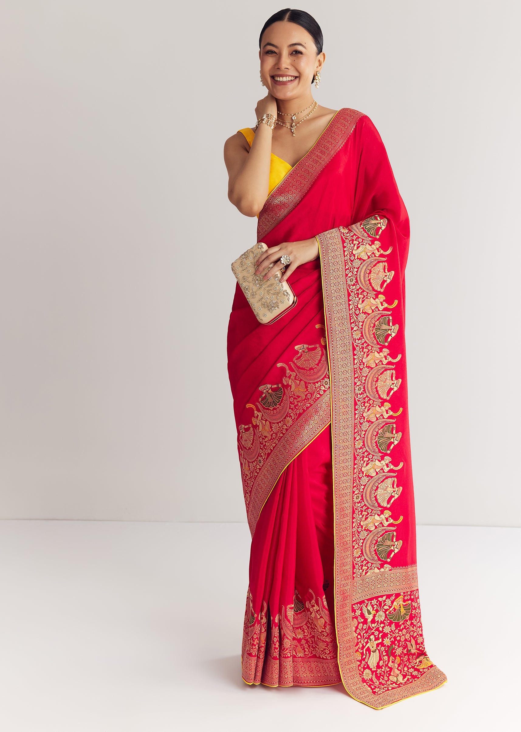 Red Dola Silk Saree With Zari Woven Motifs
