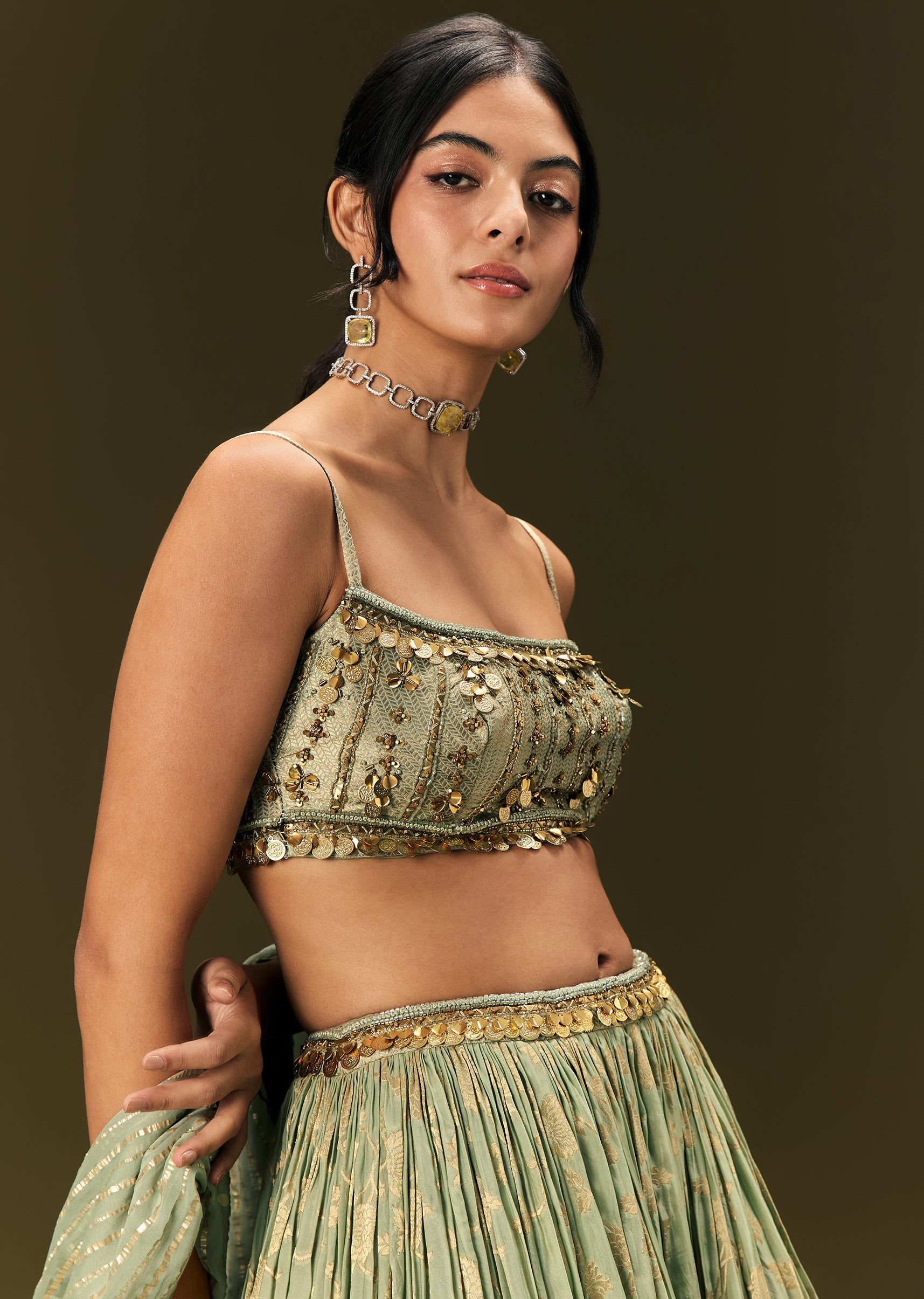 Mint Green Crepe Lehenga Choli Set With Coin Work